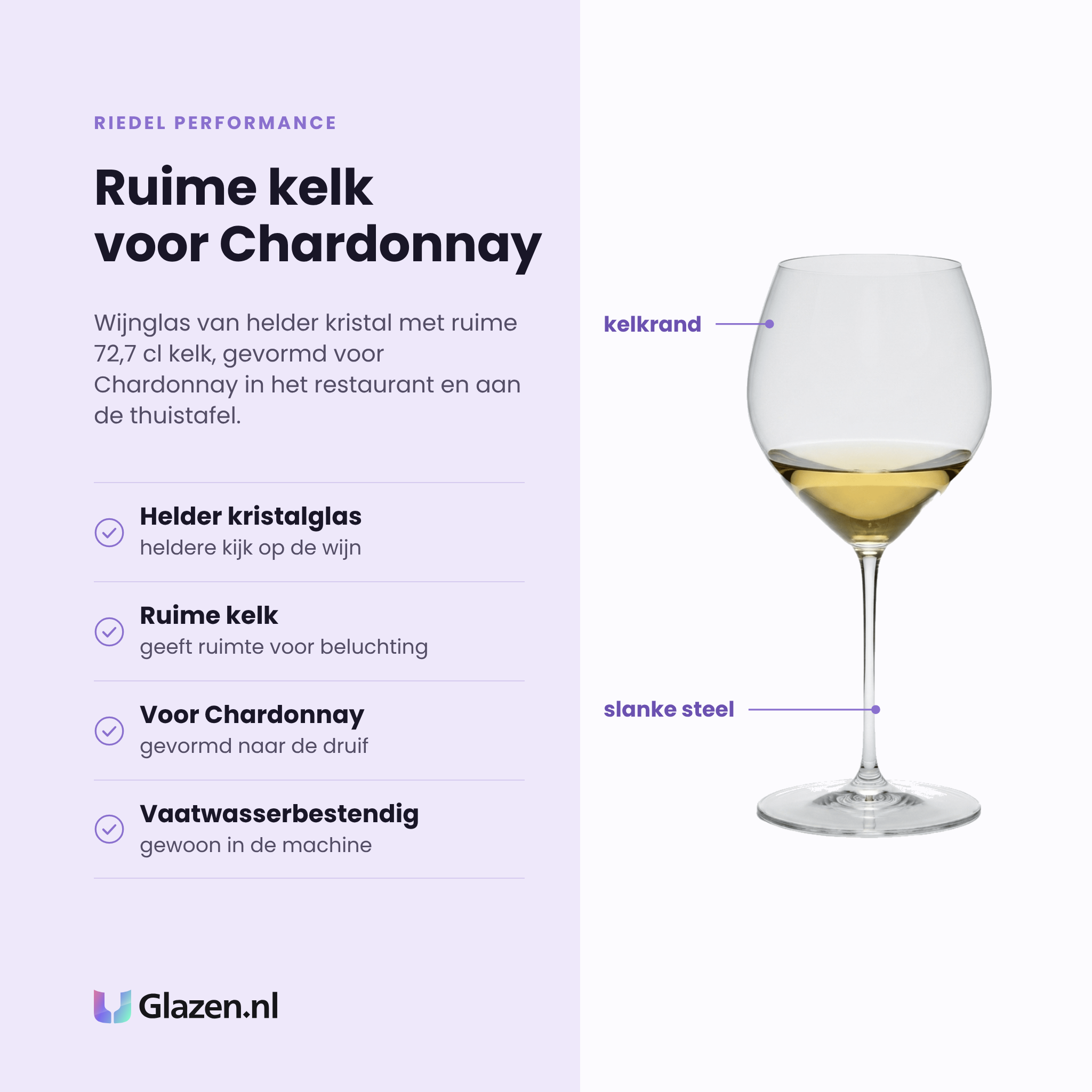 Riedel Performance wijnglas 72,7 cl eigenschappen: helder kristalglas, ruime kelk voor beluchting, gevormd voor chardonnay, vaatwasserbestendig