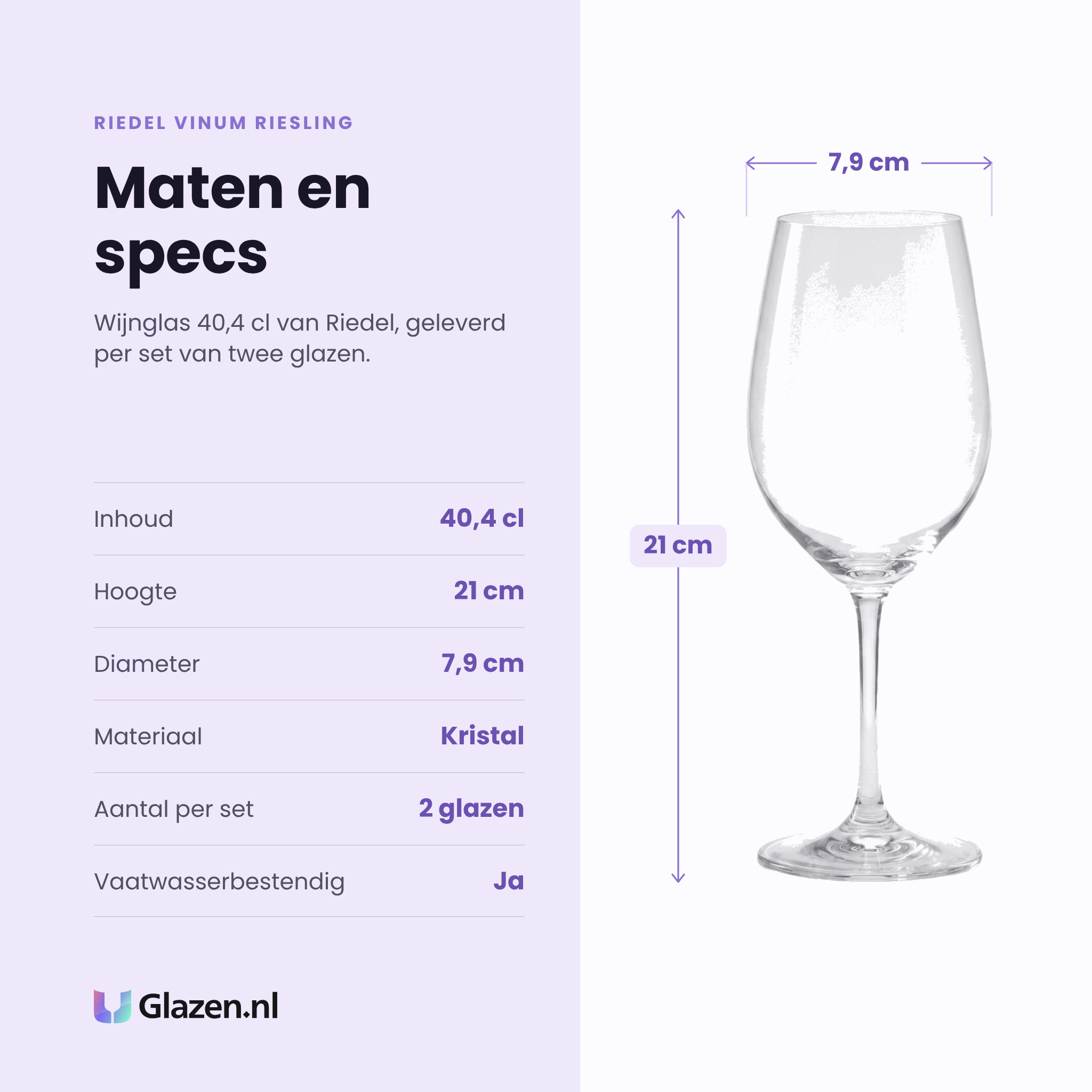 Riedel Vinum Riesling wijnglas 40,4 cl specificaties: inhoud 40,4 cl, hoogte 21 cm, diameter 7,9 cm, kristal, set van 2