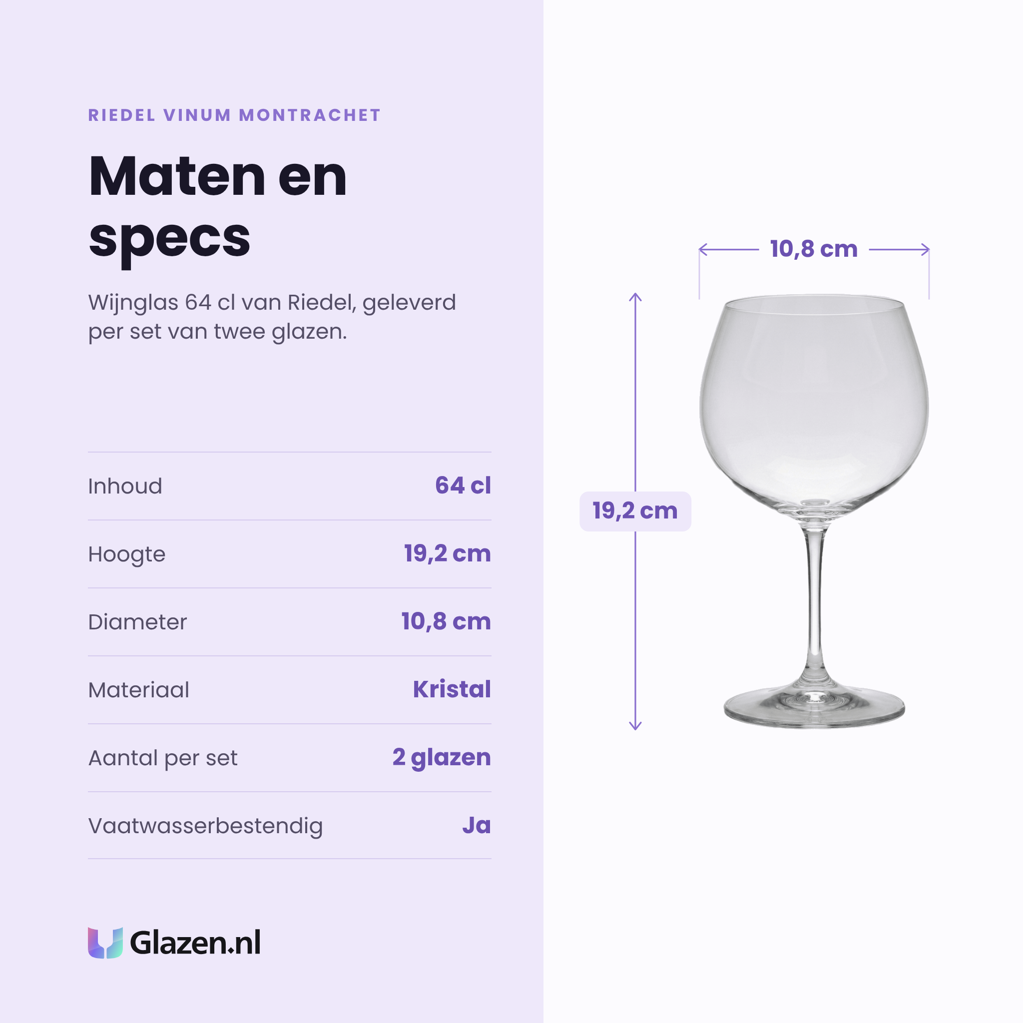 Riedel Vinum Montrachet wijnglas 64 cl specificaties: inhoud 64 cl, hoogte 19,2 cm, diameter 10,8 cm, kristal, set van 2