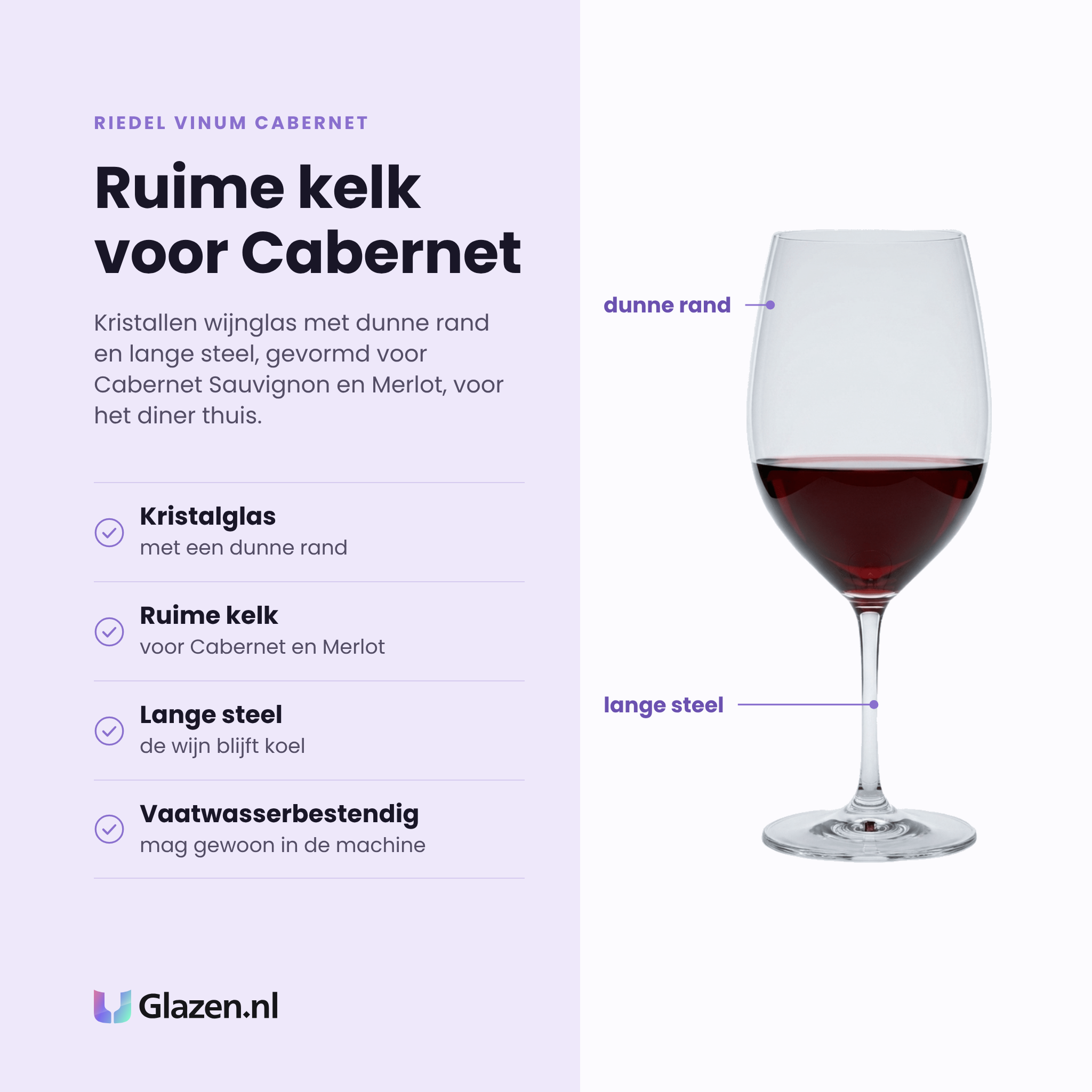 Riedel Vinum Cabernet wijnglas eigenschappen: kristalglas met dunne rand, ruime kelk voor cabernet en merlot, lange steel, vaatwasserbestendig