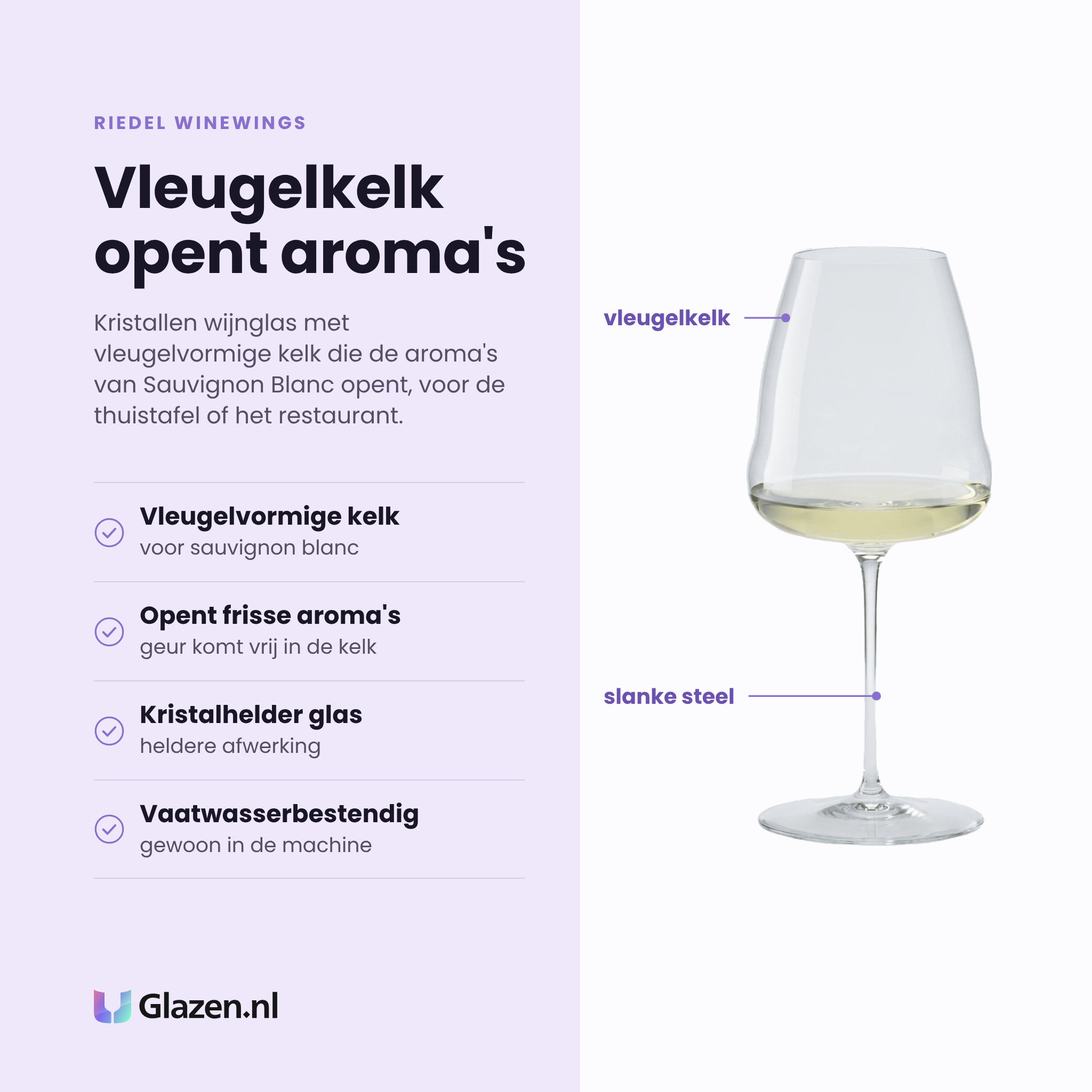 Riedel Winewings wijnglas 74,2 cl eigenschappen: vleugelvormige kelk voor sauvignon blanc, opent frisse aroma's, kristalhelder glas, vaatwasserbestendig