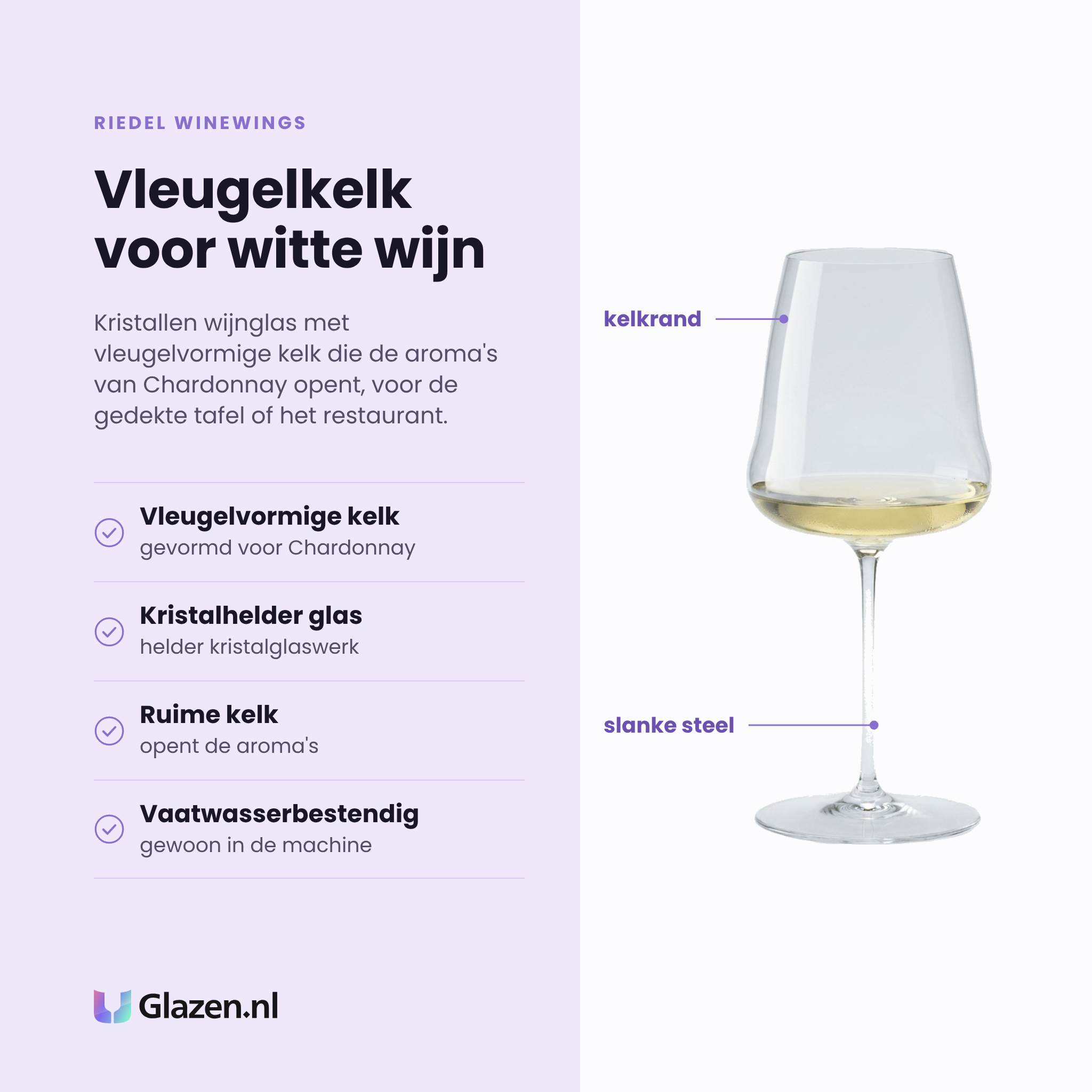 Riedel Winewings wijnglas 73,6 cl eigenschappen: vleugelvormige kelk, kristalhelder glas, ruime kelk, vaatwasserbestendig