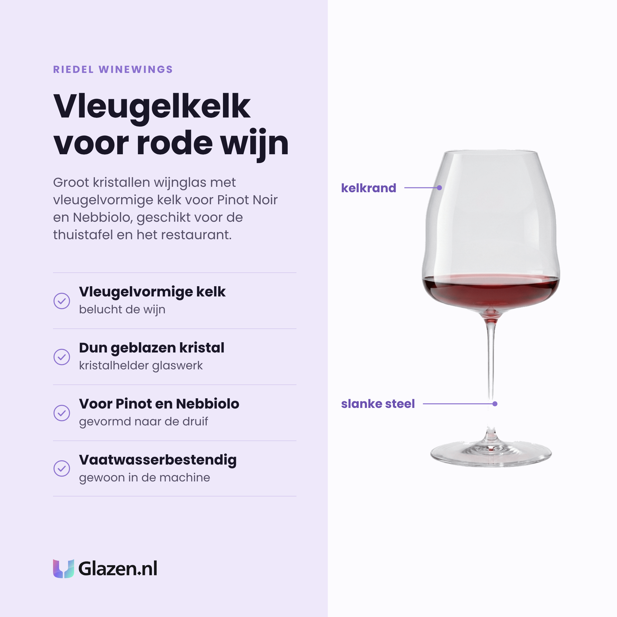 Riedel Winewings wijnglas 95 cl eigenschappen: vleugelvormige kelk, dun geblazen kristal, voor pinot noir en nebbiolo, vaatwasserbestendig