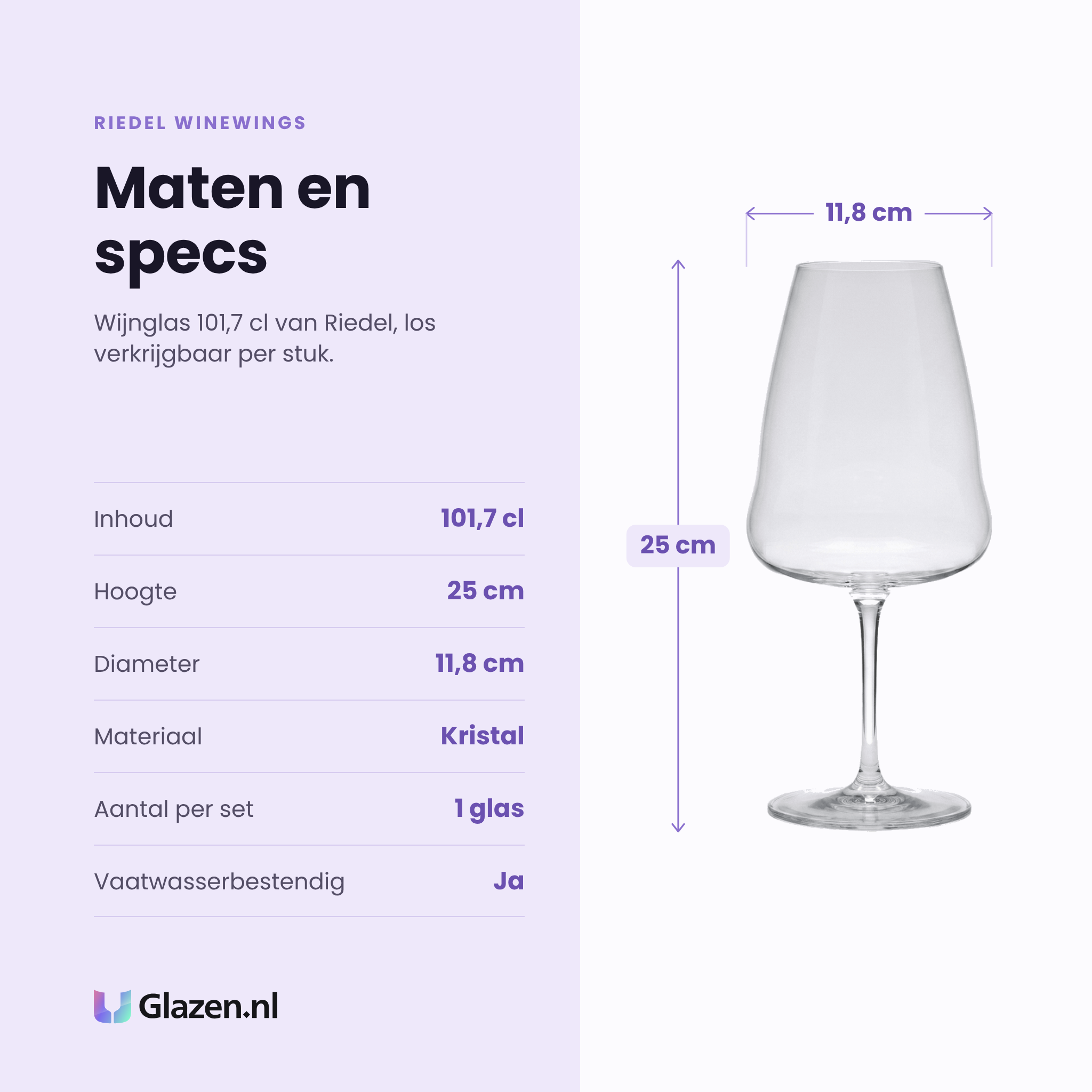 Riedel Winewings wijnglas 101,7 cl specificaties: inhoud 101,7 cl, hoogte 25 cm, diameter 11,8 cm, kristal, los per stuk