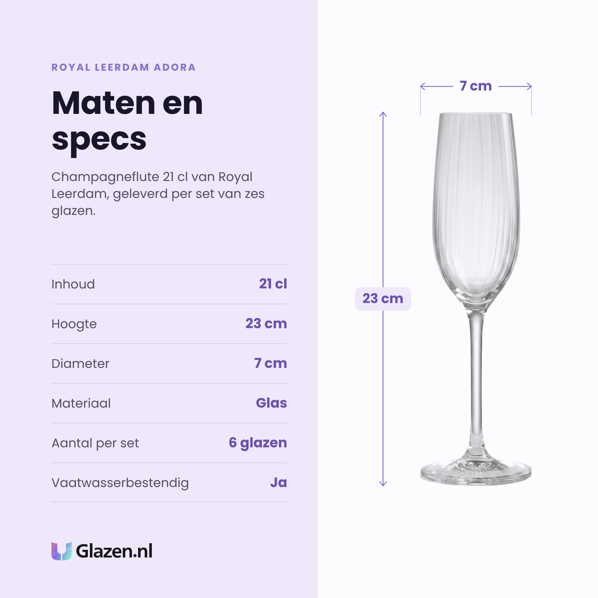Royal Leerdam Adora champagneflute 21 cl specificaties: inhoud 21 cl, hoogte 23 cm, diameter 7 cm, glas, set van 6