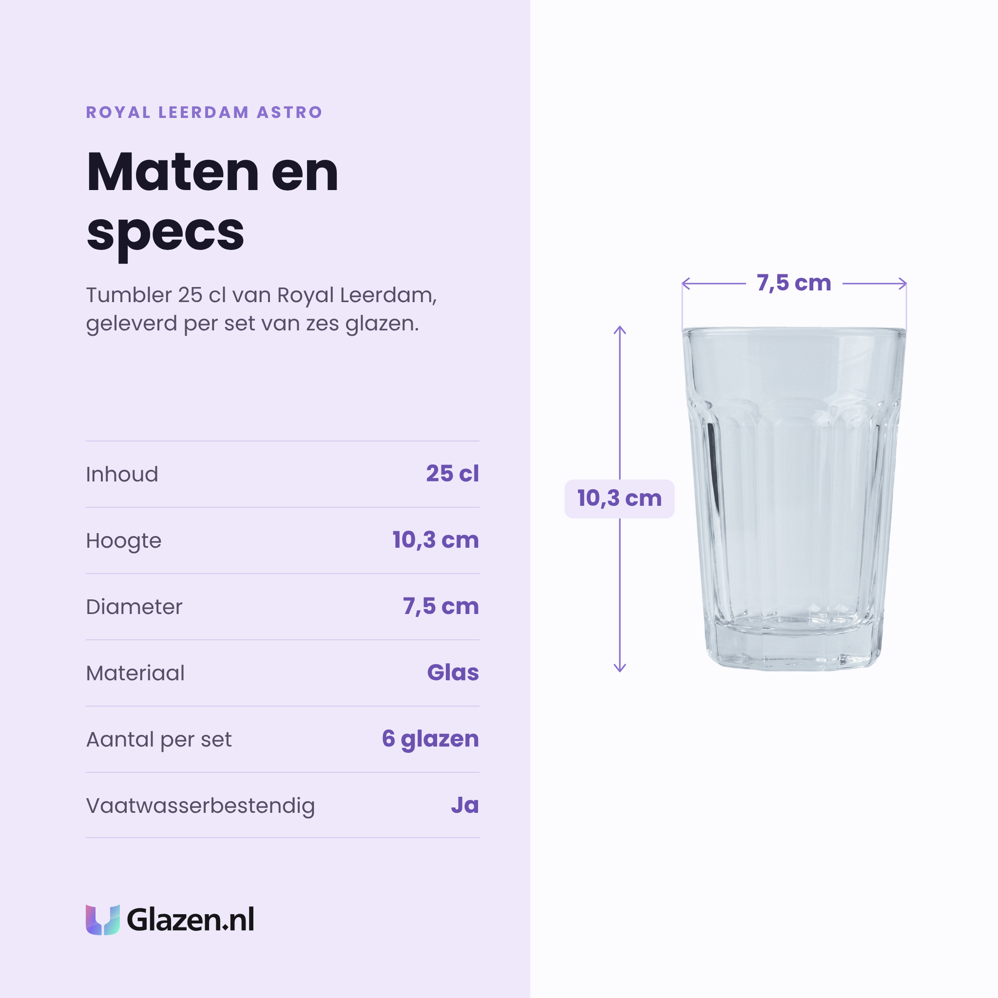 Royal Leerdam Astro tumbler 25 cl specificaties: inhoud 25 cl, hoogte 10,3 cm, diameter 7,5 cm, glas, set van 6