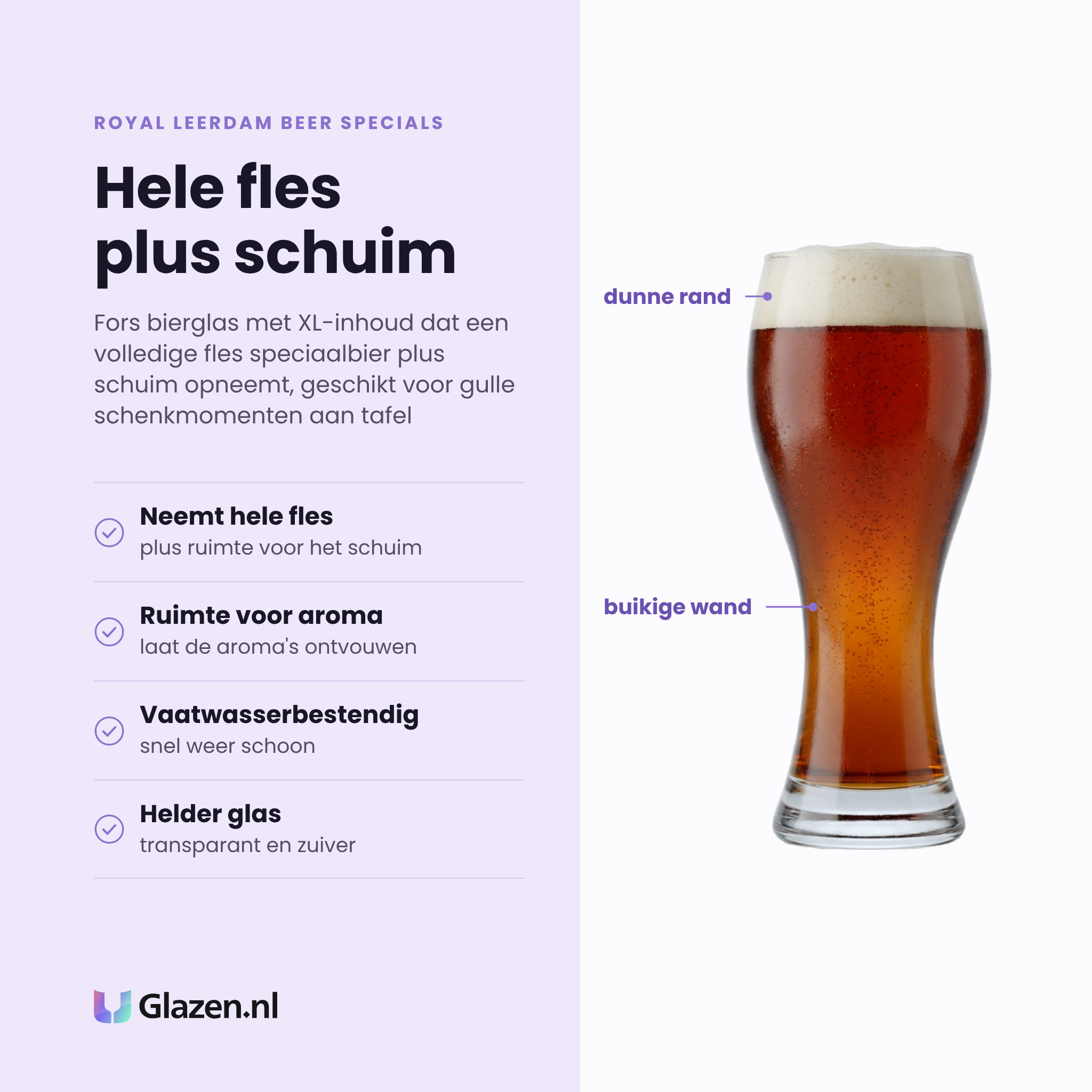 Royal Leerdam Beer Specials bierglas 68 cl eigenschappen: neemt hele fles plus schuim, ruimte voor aroma, vaatwasserbestendig, helder glas