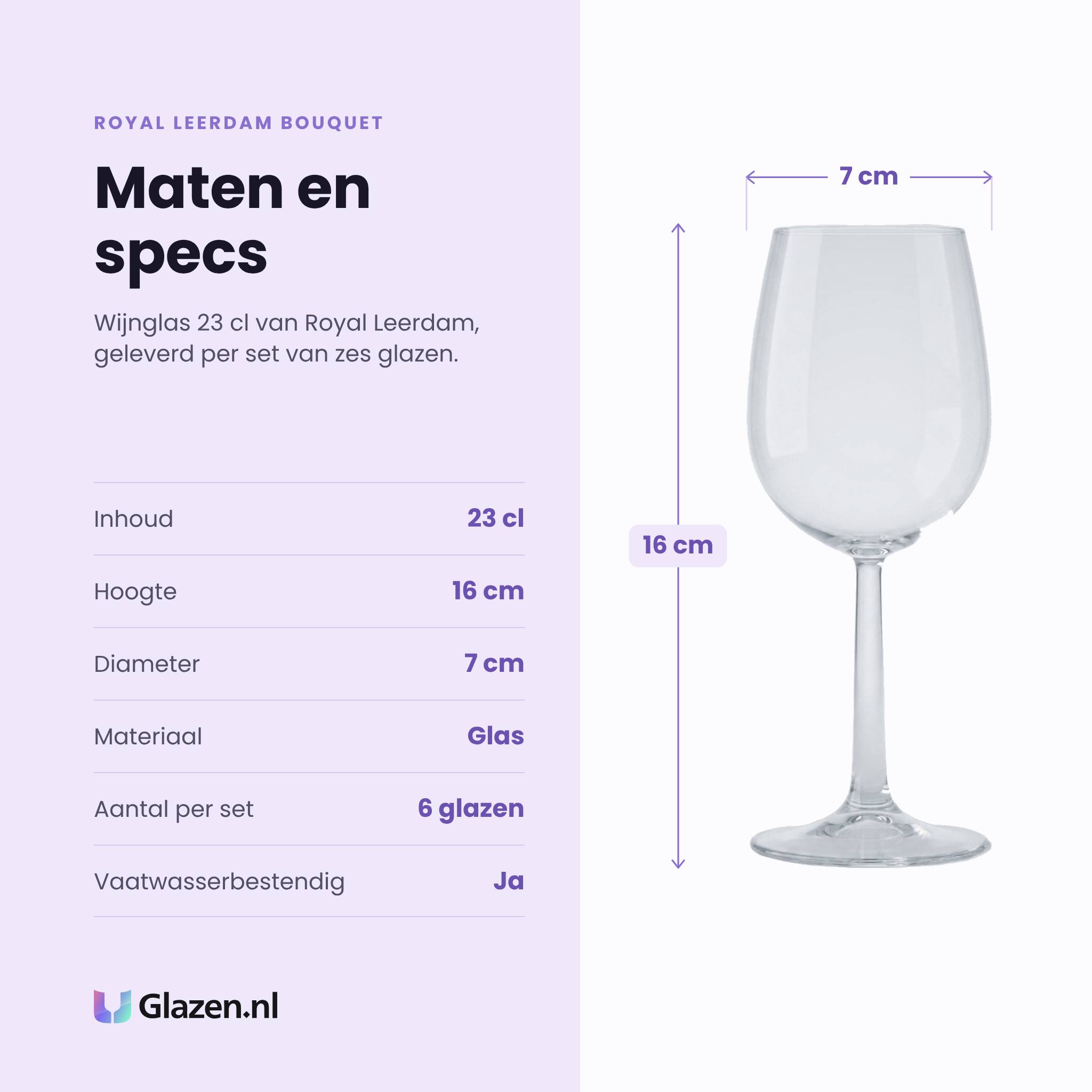 Royal Leerdam Bouquet wijnglas 23 cl specificaties: inhoud 23 cl, hoogte 16 cm, diameter 7 cm, glas, set van 6