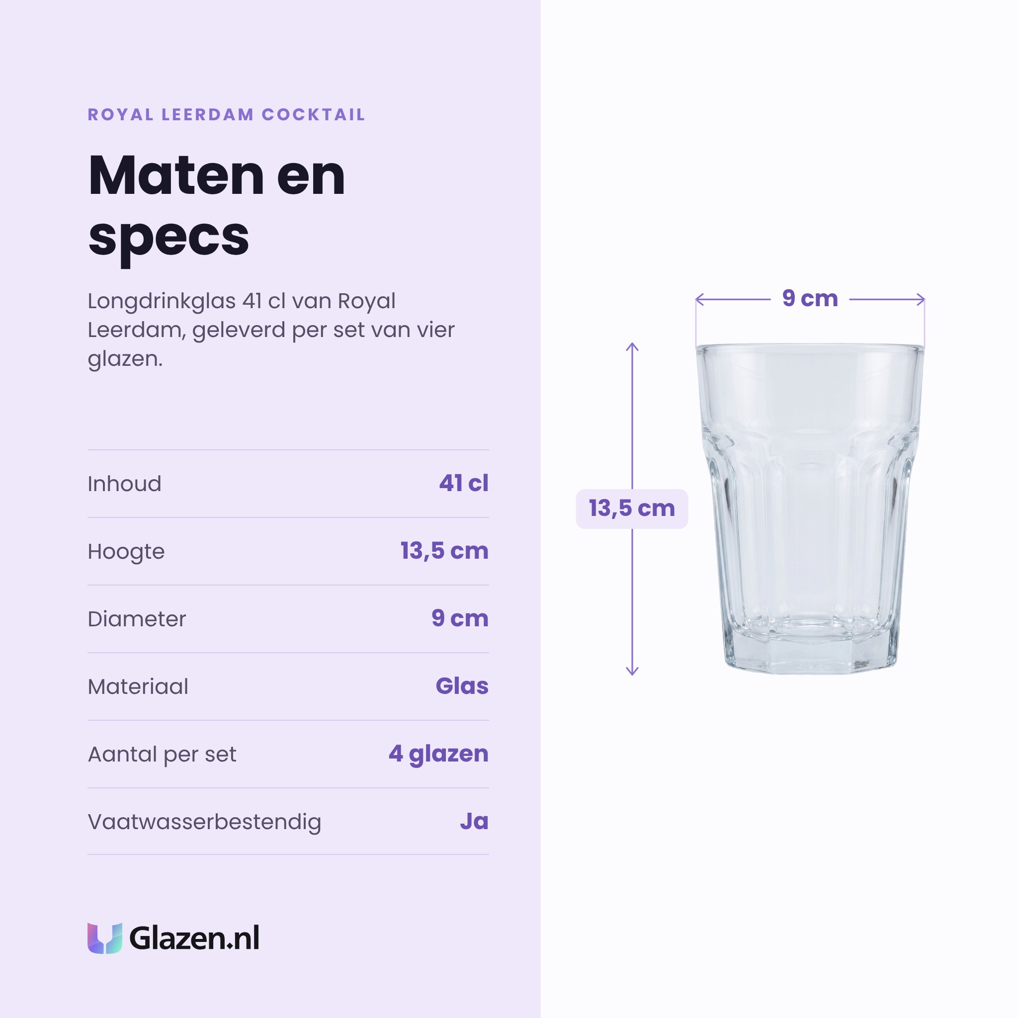 Royal Leerdam Cocktail longdrinkglas 41 cl specificaties: inhoud 41 cl, hoogte 13,5 cm, diameter 9 cm, glas, set van 4