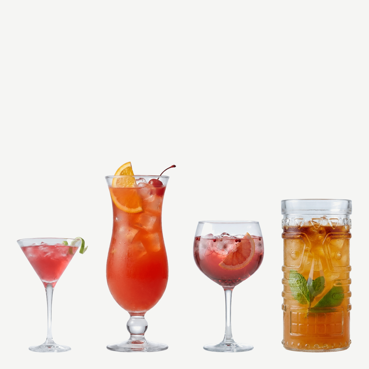 Royal Leerdam Cocktail partyset met martiniglas, hurricane, gin tonic glas en tikiglas gevuld