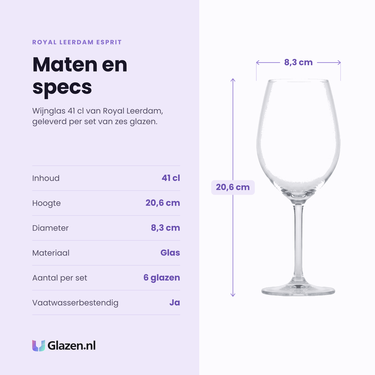 Royal Leerdam Esprit wijnglas 41 cl specificaties: inhoud 41 cl, hoogte 20,6 cm, diameter 8,3 cm, glas, set van 6