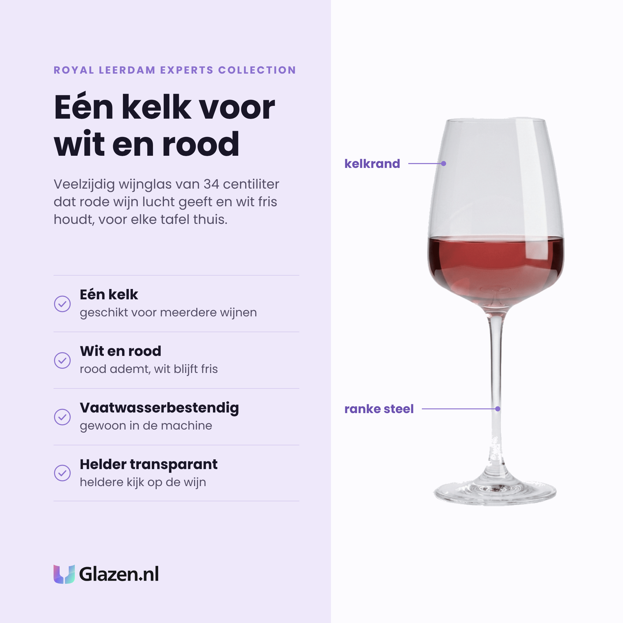 Royal Leerdam Experts Collection wijnglas 34 cl eigenschappen: een kelk voor meerdere wijnen, geschikt voor wit en rood, vaatwasserbestendig, helder transparant glas