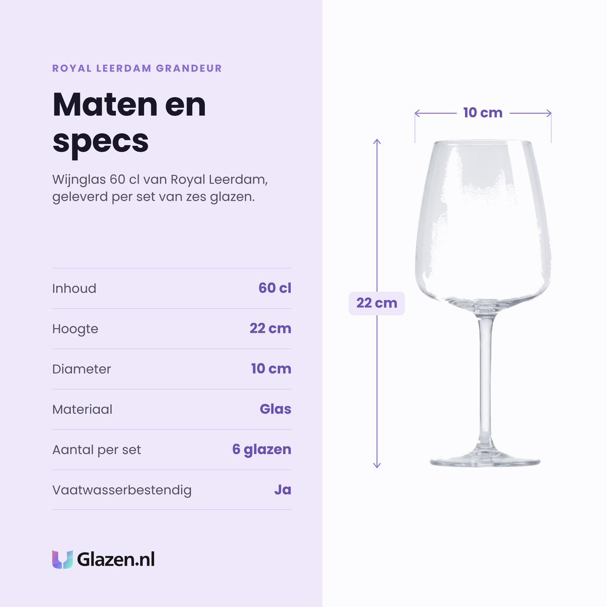 Royal Leerdam Grandeur wijnglas 60 cl specificaties: inhoud 60 cl, hoogte 22 cm, diameter 10 cm, glas, set van 6