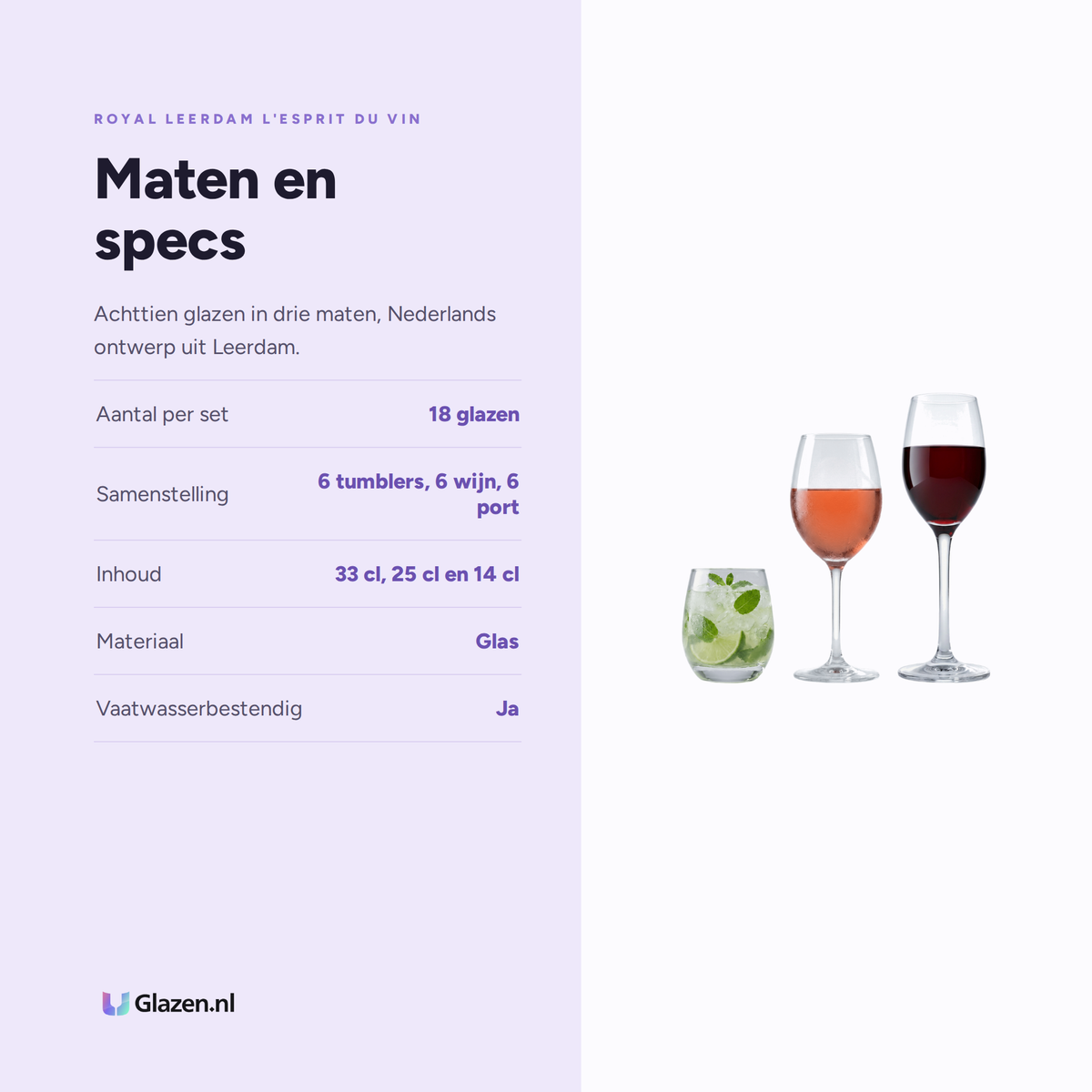 Maten en specs van Royal Leerdam L'Esprit du Vin Set 18-Delig (Tumbler, Wijn & Port)