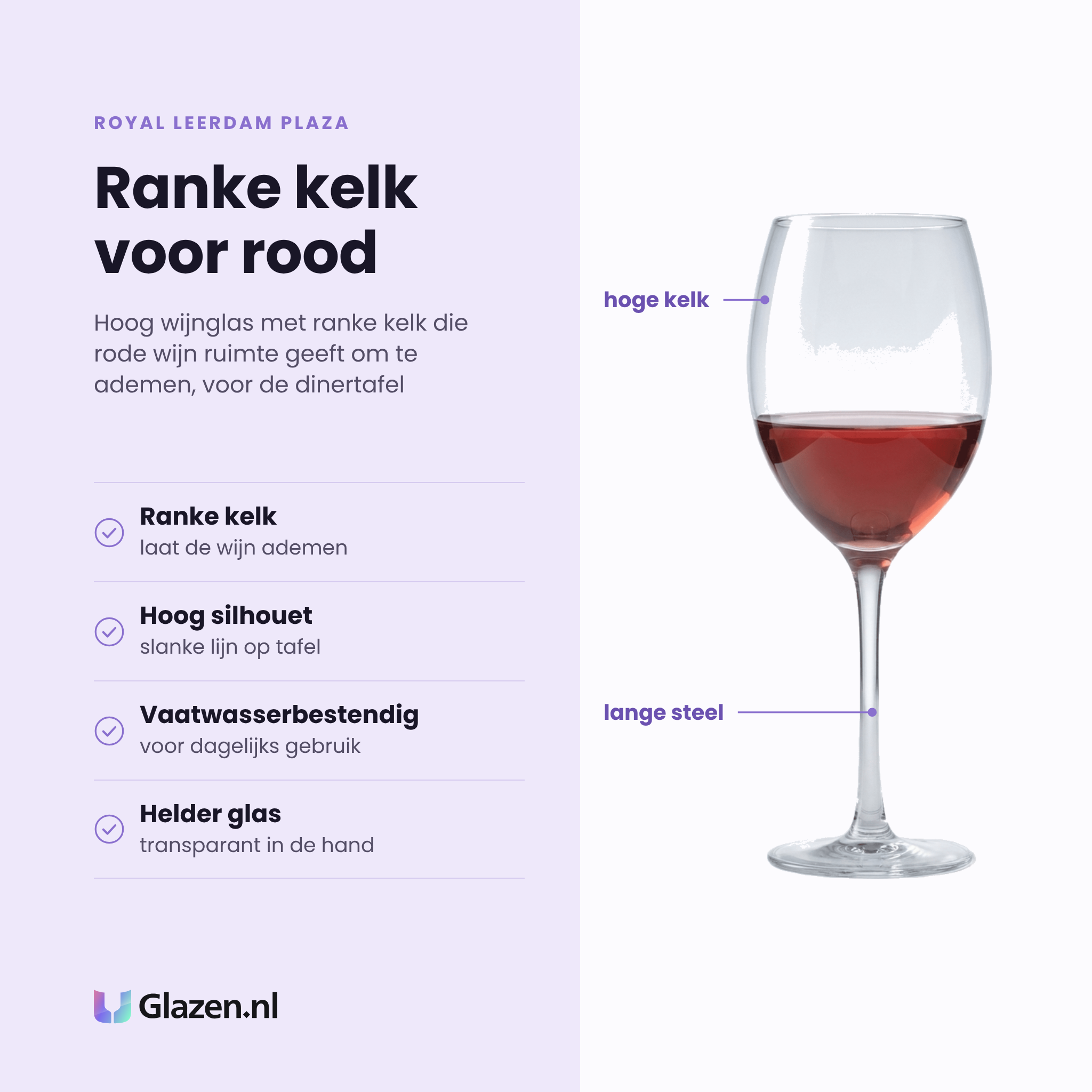 Royal Leerdam Plaza wijnglas 44 cl eigenschappen: ranke kelk laat de wijn ademen, hoog silhouet, vaatwasserbestendig, helder glas