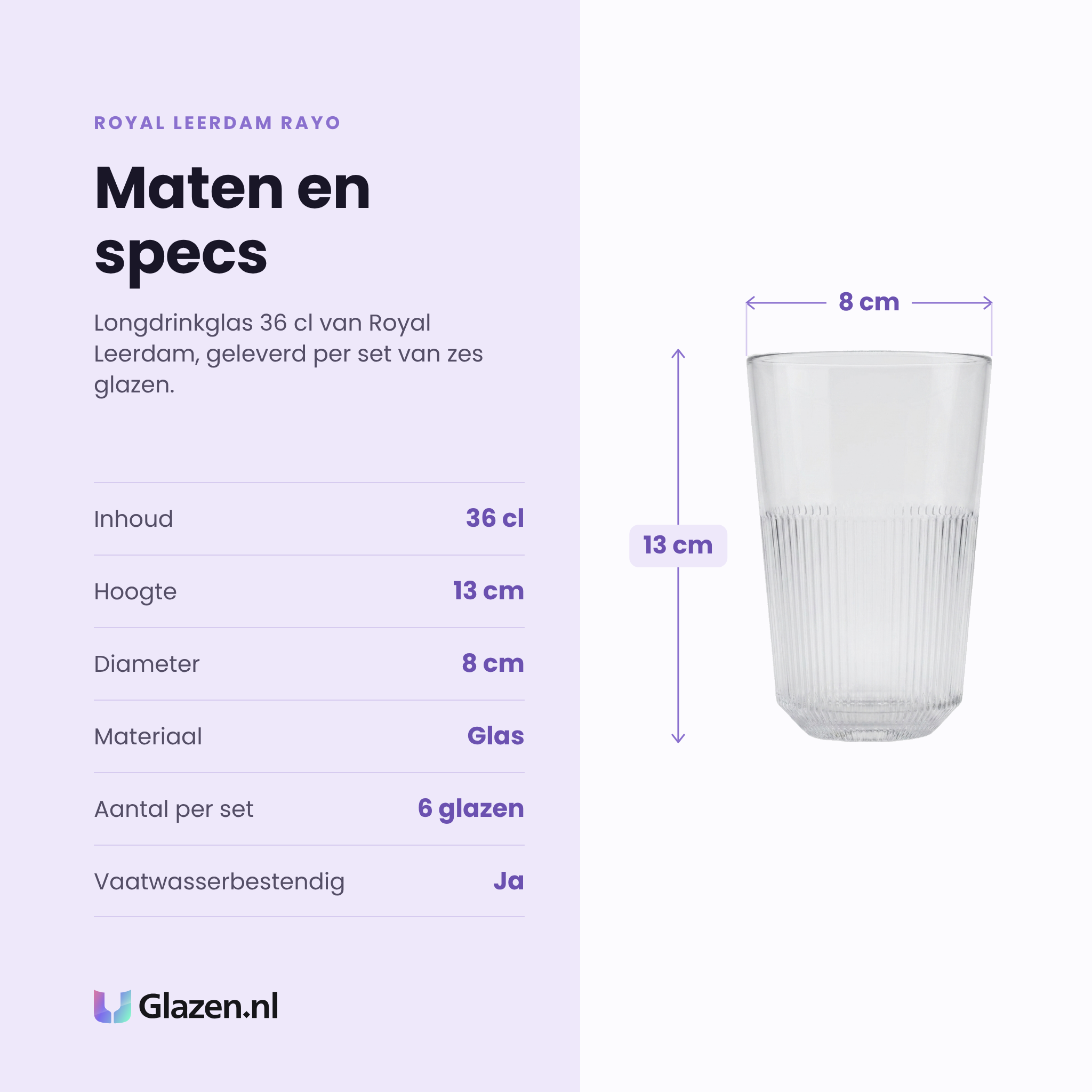 Royal Leerdam Rayo longdrinkglas 36 cl specificaties: inhoud 36 cl, hoogte 13 cm, diameter 8 cm, glas, set van 6