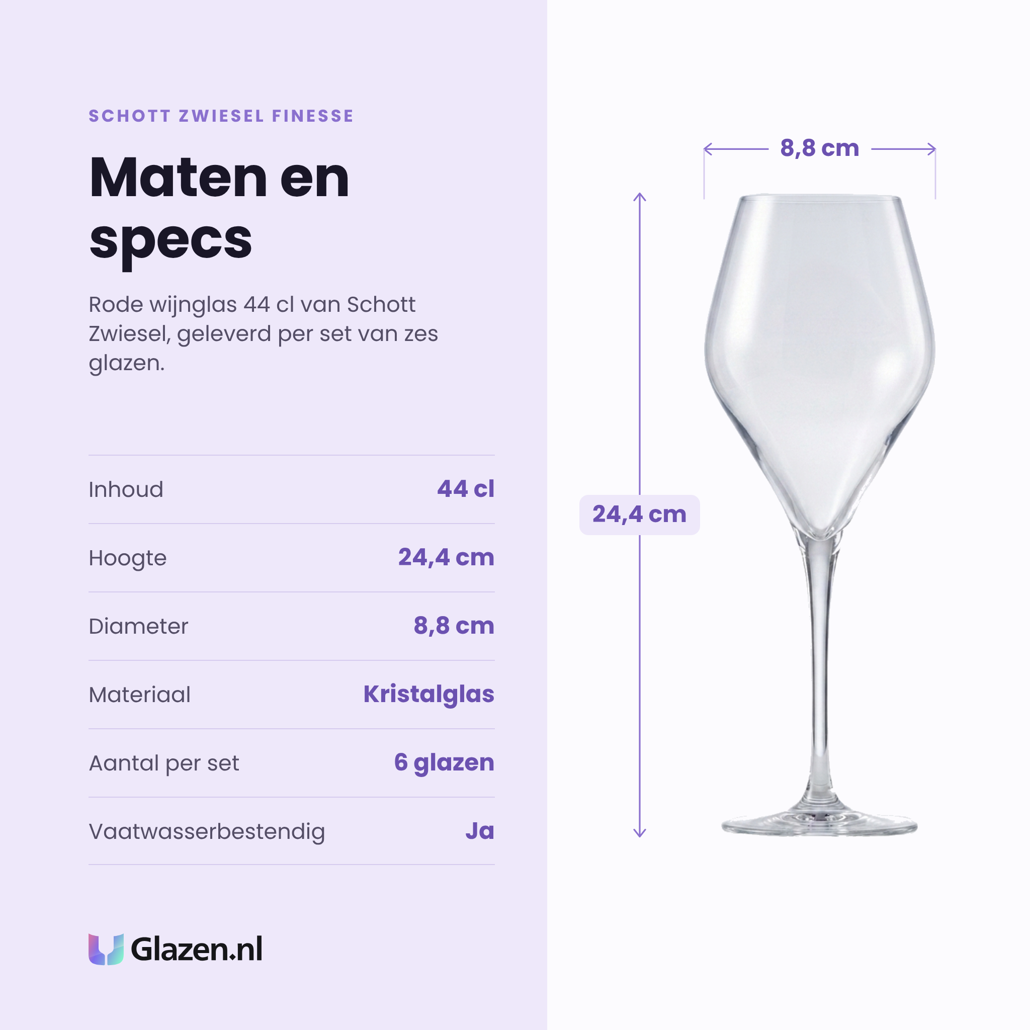 Schott Zwiesel Finesse rode wijnglas 44 cl specificaties: inhoud 44 cl, hoogte 24,4 cm, diameter 8,8 cm, kristalglas, set van 6