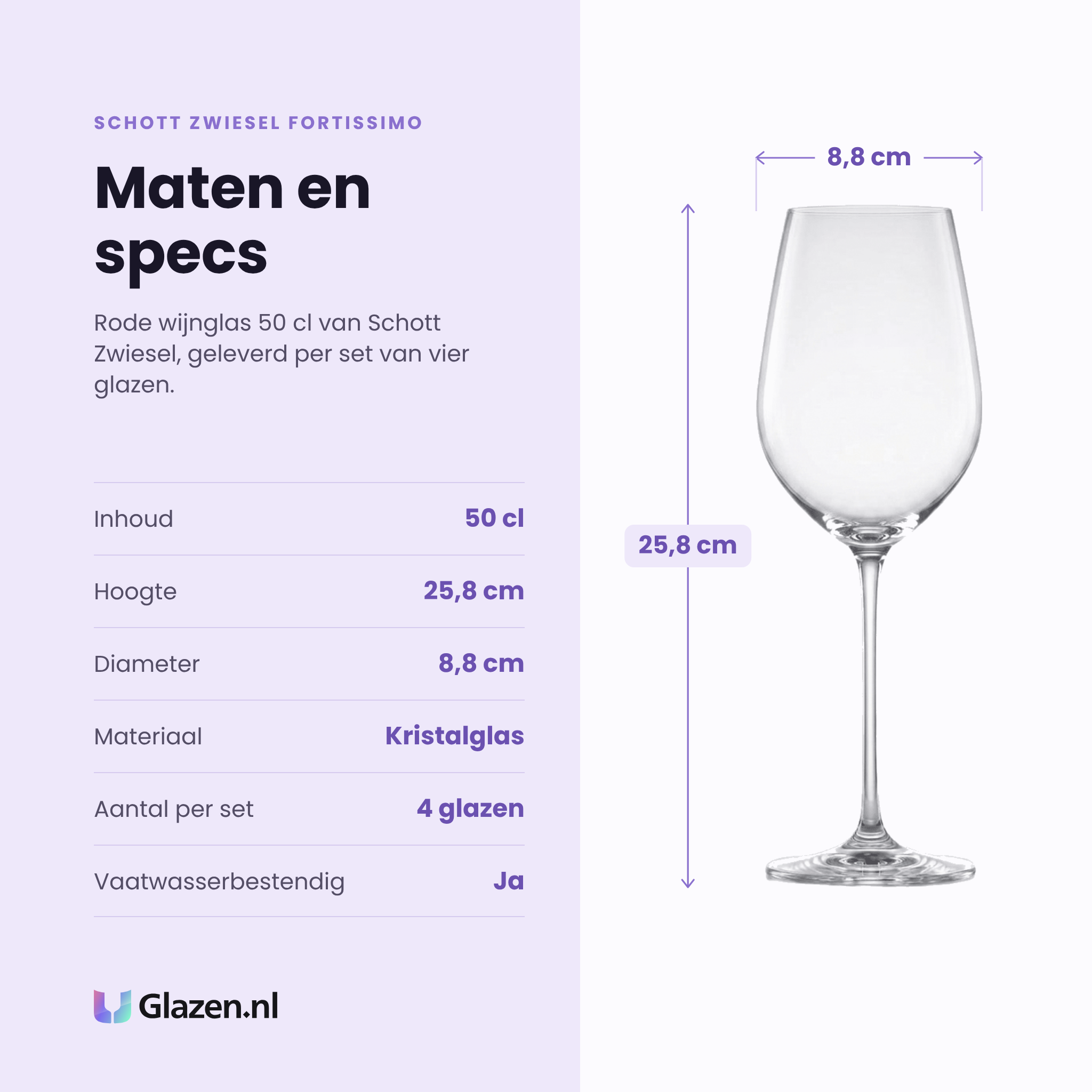 Schott Zwiesel Fortissimo rode wijnglas 50 cl specificaties: inhoud 50 cl, hoogte 25,8 cm, diameter 8,8 cm, kristalglas, set van 4