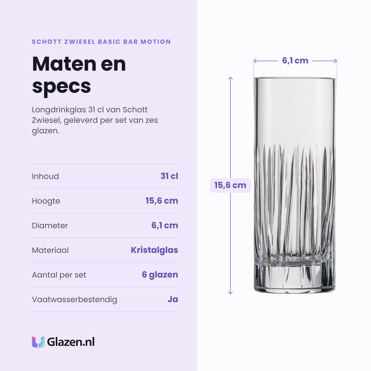 Schott Zwiesel Basic Bar Motion longdrinkglas 31 cl specificaties: inhoud 31 cl, hoogte 15,6 cm, diameter 6,1 cm, kristalglas, set van 6