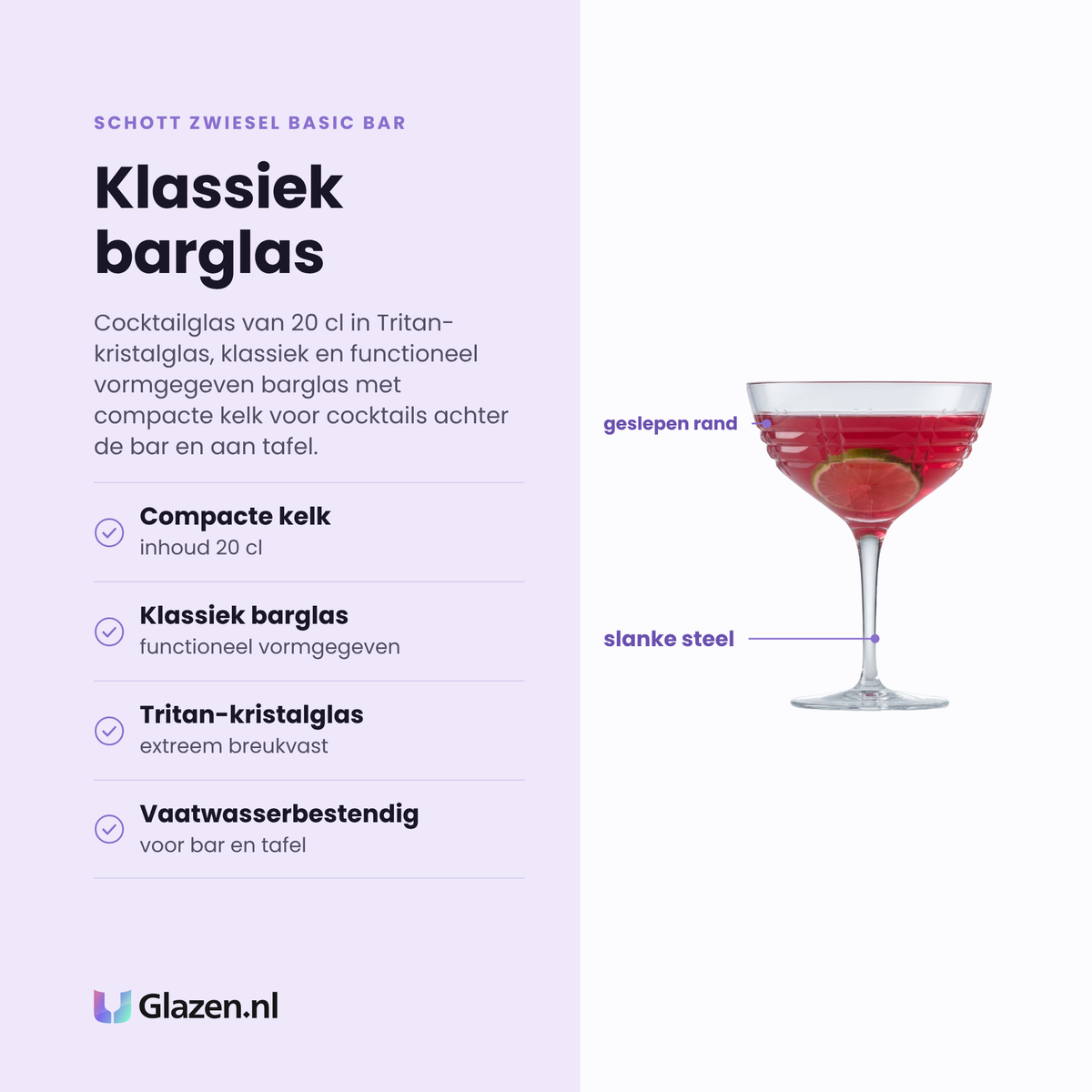 Schott Zwiesel Basic Bar Selection cocktailglas 20 cl eigenschappen: compacte kelk, klassiek functioneel barglas, tritan-kristalglas, vaatwasserbestendig