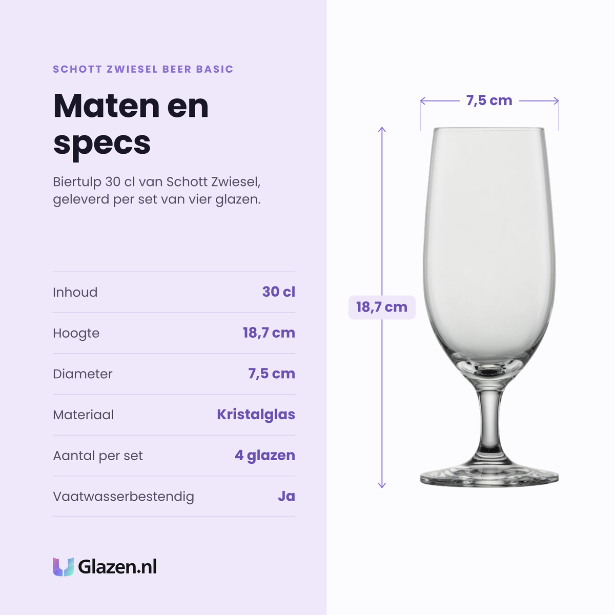 Schott Zwiesel Beer Basic Classico biertulp 30 cl specificaties: inhoud 30 cl, hoogte 18,7 cm, diameter 7,5 cm, kristalglas, set van 4