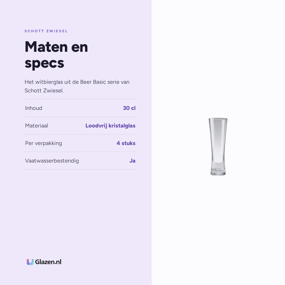Maten en specs van Schott Zwiesel Beer Basic Witbierglas Klein 30 Cl met Maatstreep