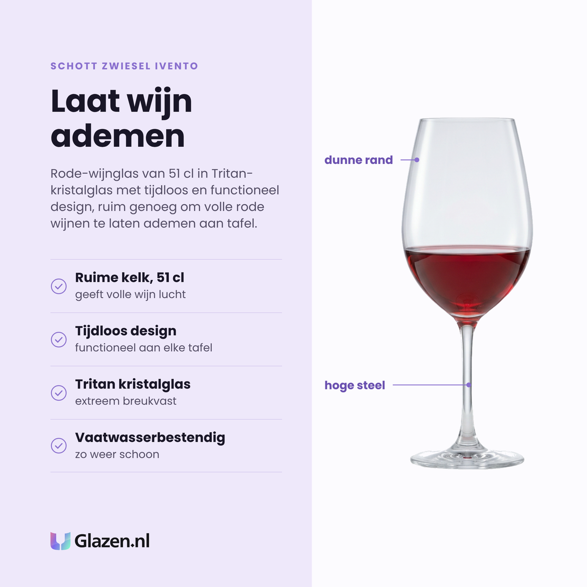 Schott Zwiesel Ivento rode wijnglas 51 cl eigenschappen: ruime kelk van 51 cl, tijdloos design, Tritan kristalglas, vaatwasserbestendig