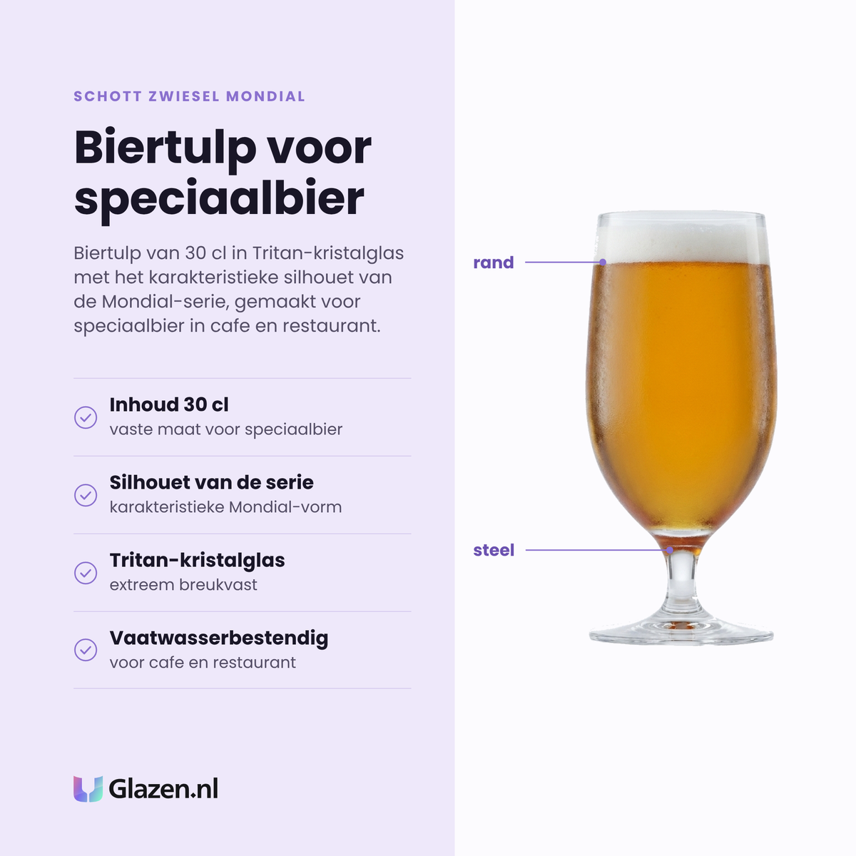 Schott Zwiesel Mondial biertulp 30 cl eigenschappen: tritan-kristalglas, karakteristiek silhouet, extreem breukvast, vaatwasserbestendig