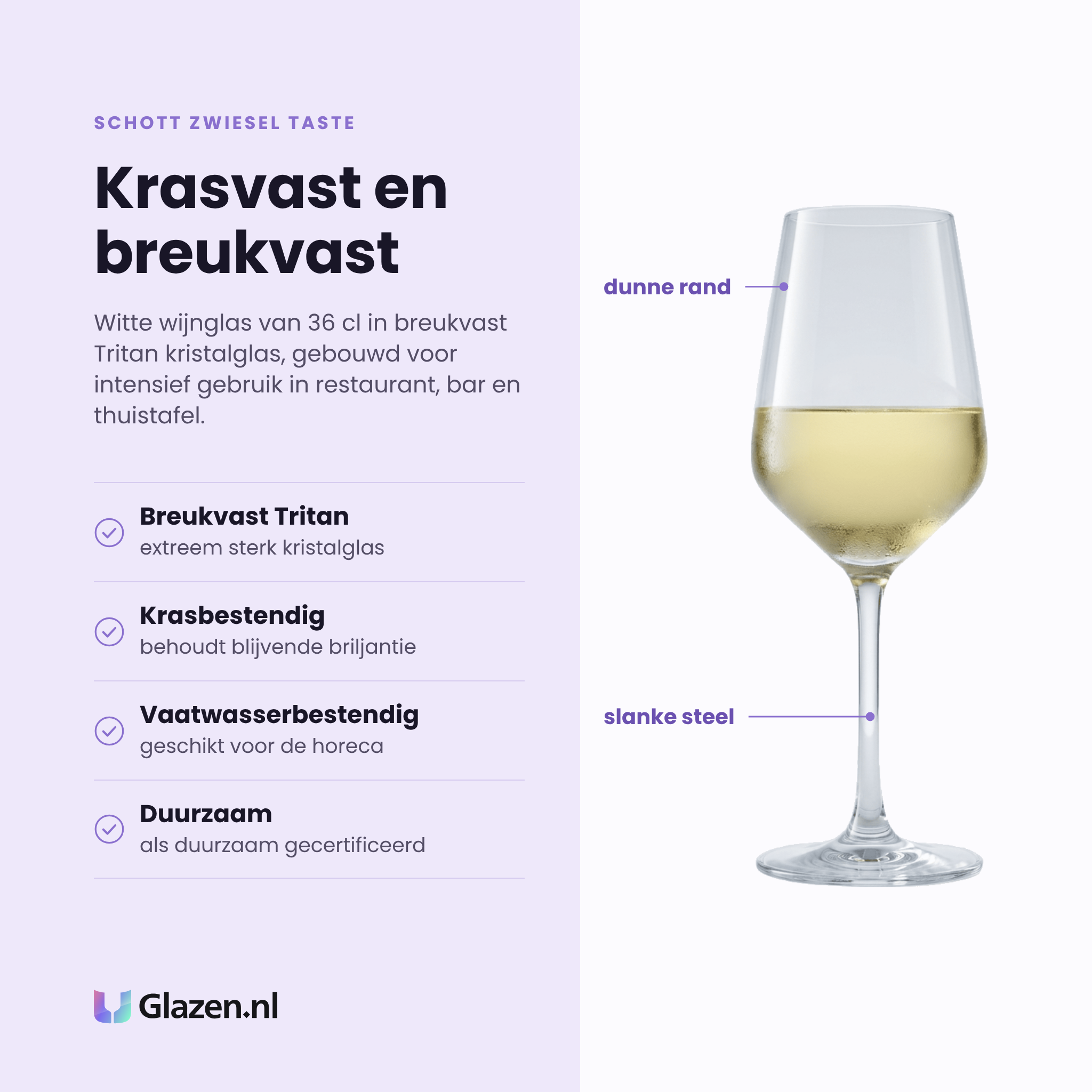 Schott Zwiesel Taste witte wijnglas 35,6 cl eigenschappen: breukvast tritan kristalglas, krasbestendig, vaatwasserbestendig, als duurzaam gecertificeerd