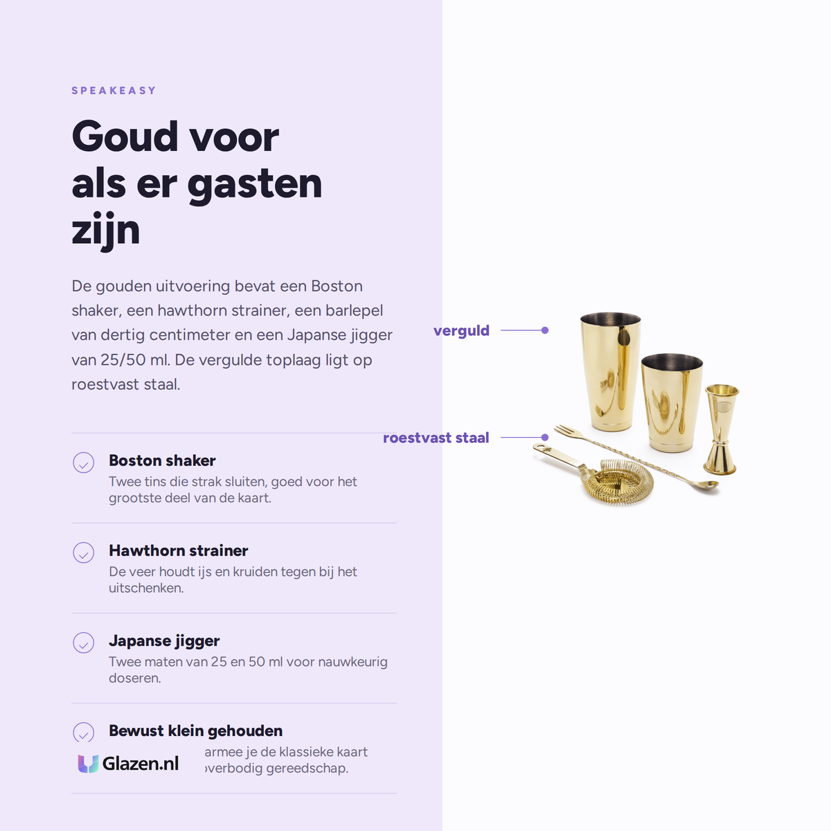Eigenschappen van de gouden Speakeasy cocktail set