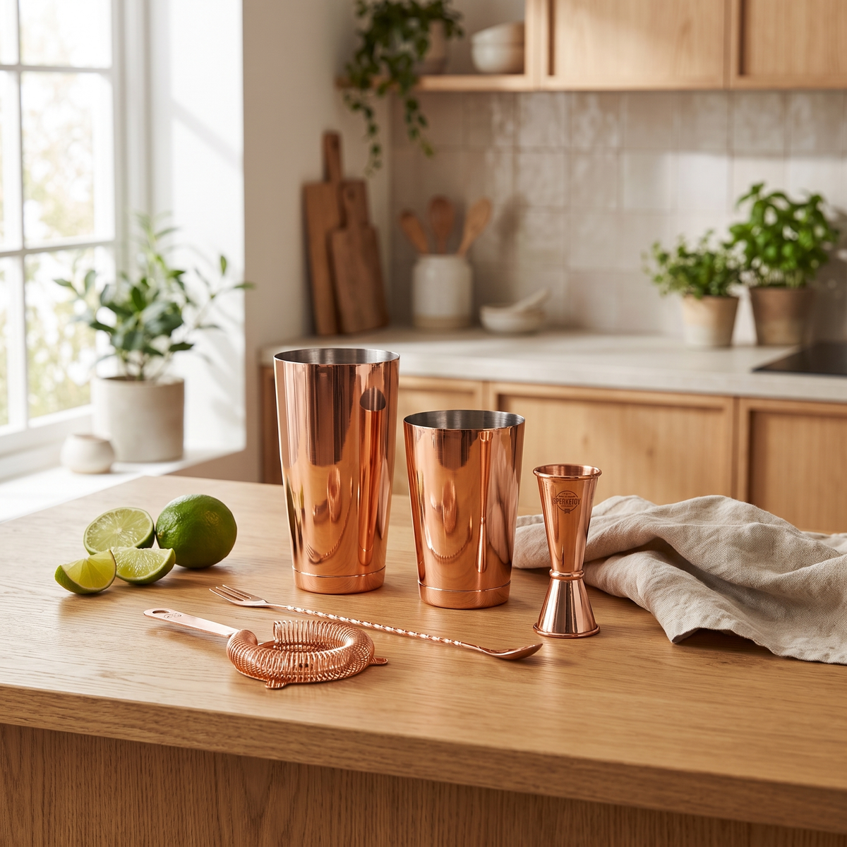 Koperen Speakeasy cocktail set op een houten aanrecht met limoenen