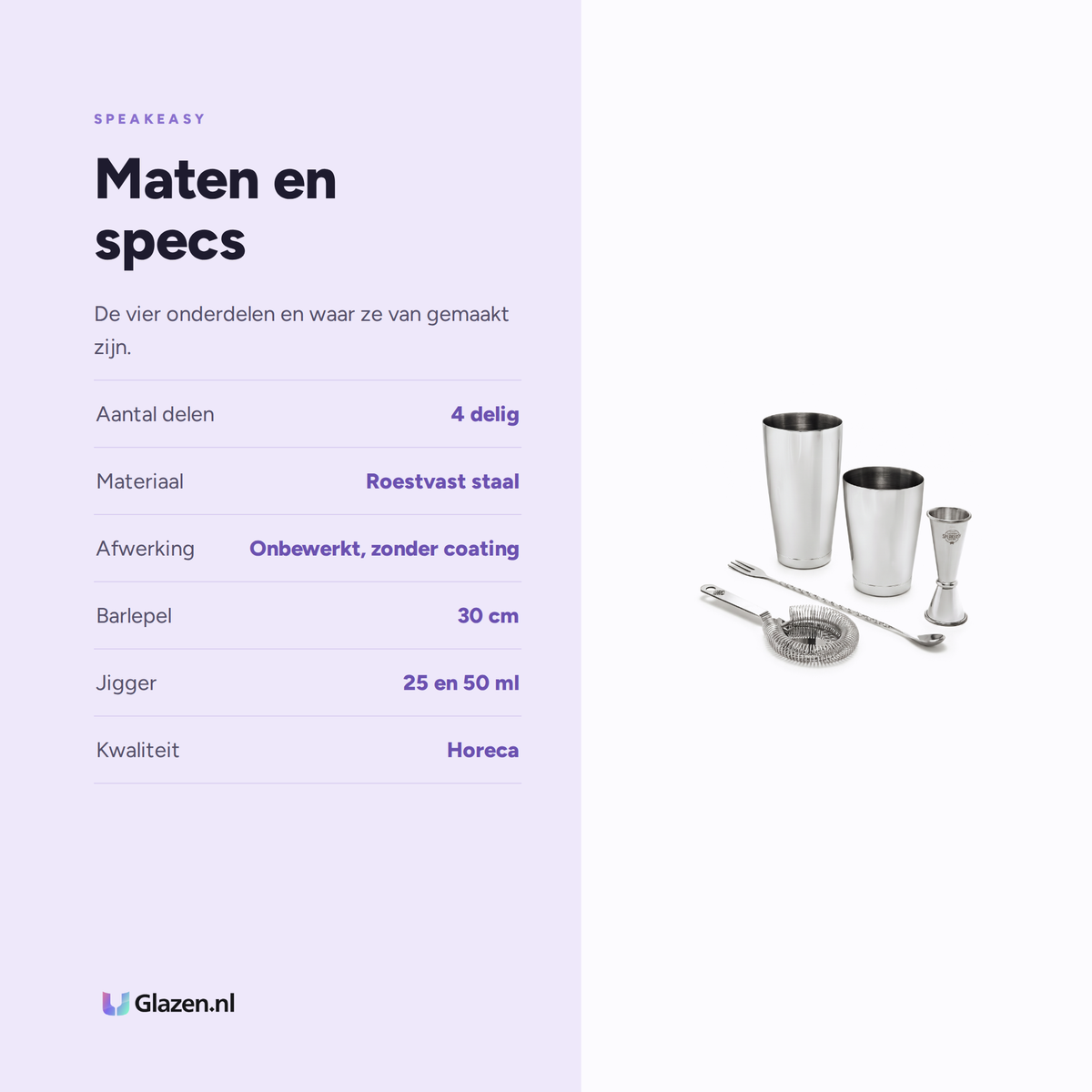 Speakeasy Cocktail Set Rvs - 4-Delig maten en specs