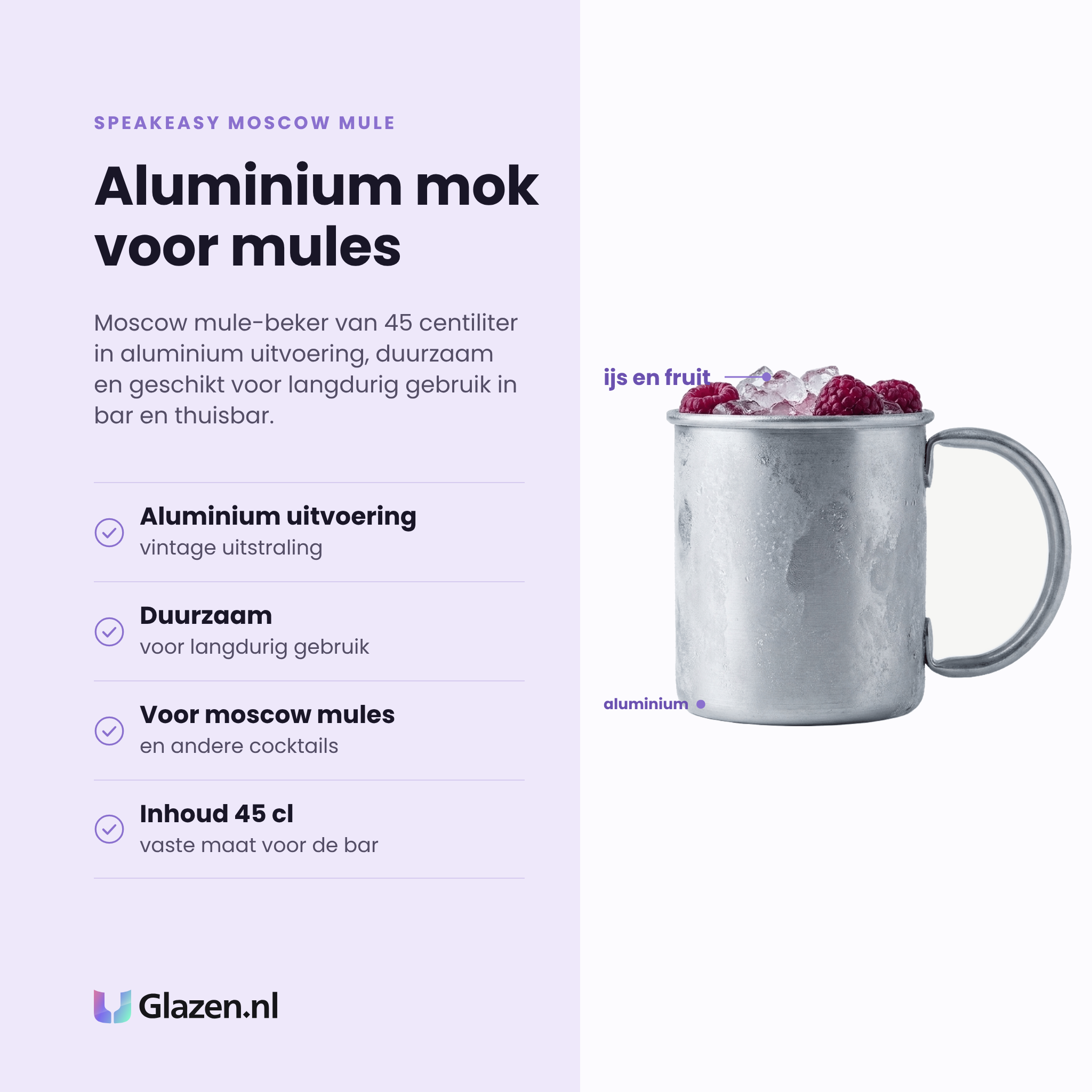 Speakeasy Moscow Mule cocktailbeker 45 cl eigenschappen: aluminium uitvoering, duurzaam, voor moscow mules, inhoud 45 cl