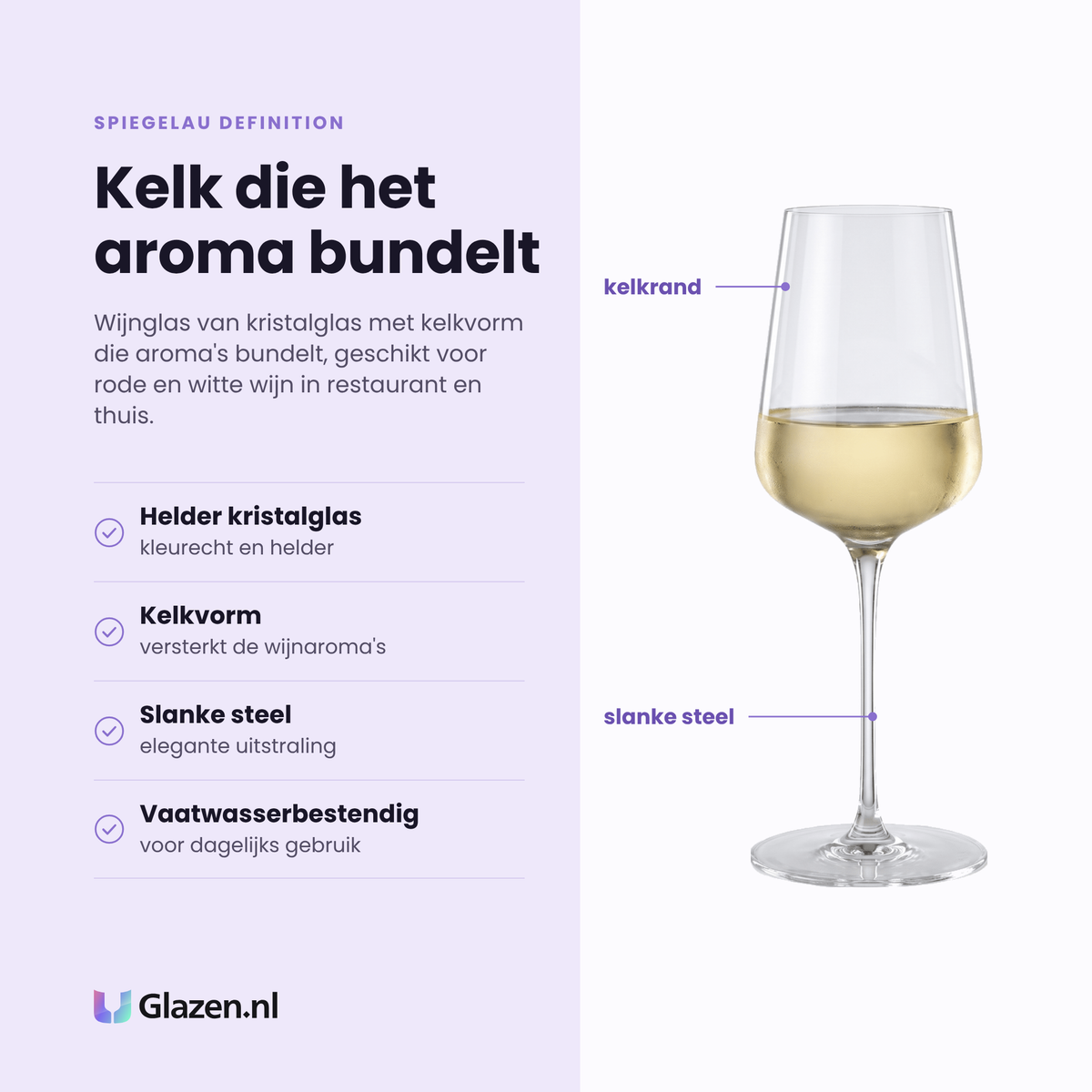 Spiegelau Definition wijnglas 43,5 cl eigenschappen: helder kristalglas, kelkvorm versterkt de wijnaroma's, slanke steel, vaatwasserbestendig