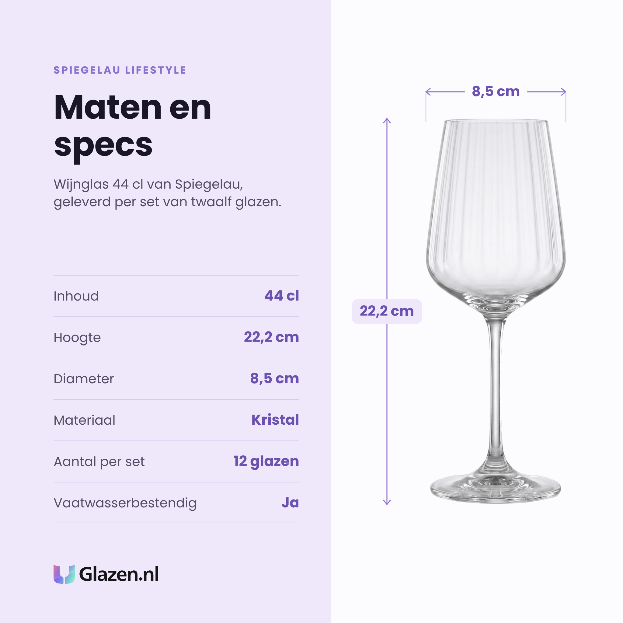 Spiegelau Lifestyle wijnglas 44 cl specificaties: inhoud 44 cl, hoogte 22,2 cm, diameter 8,5 cm, kristal, set van 12