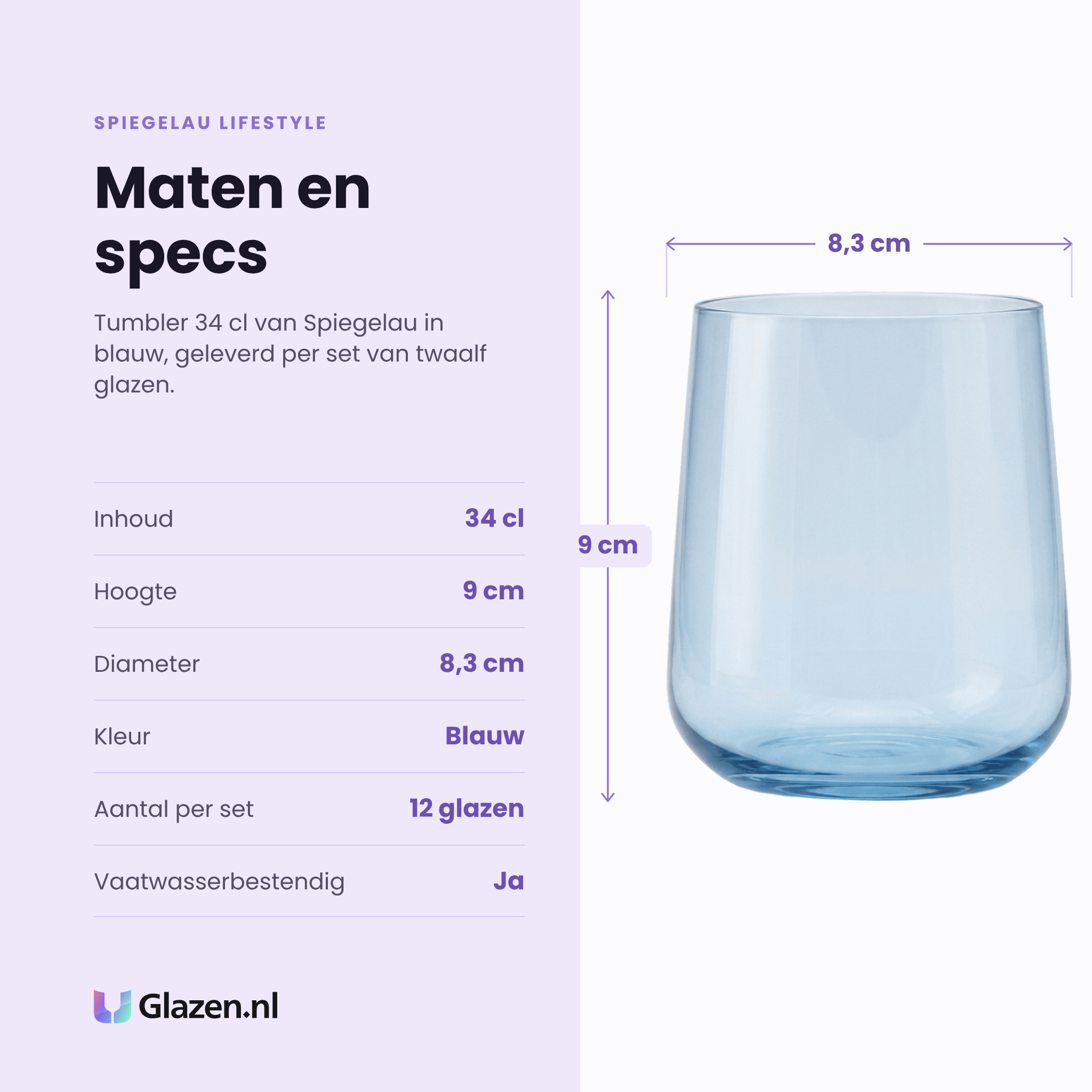 Spiegelau Lifestyle tumbler 34 cl specificaties: inhoud 34 cl, hoogte 9 cm, diameter 8,3 cm, blauw, set van 12