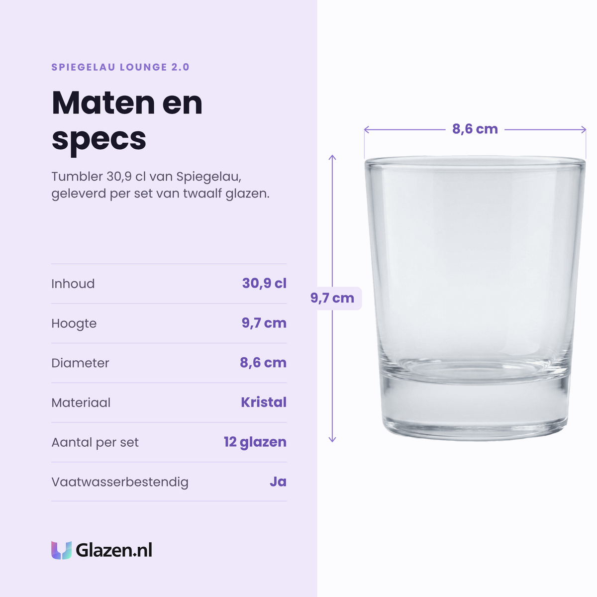 Spiegelau Lounge 2.0 tumbler 30,9 cl specificaties: inhoud 30,9 cl, hoogte 9,7 cm, diameter 8,6 cm, kristal, set van 12