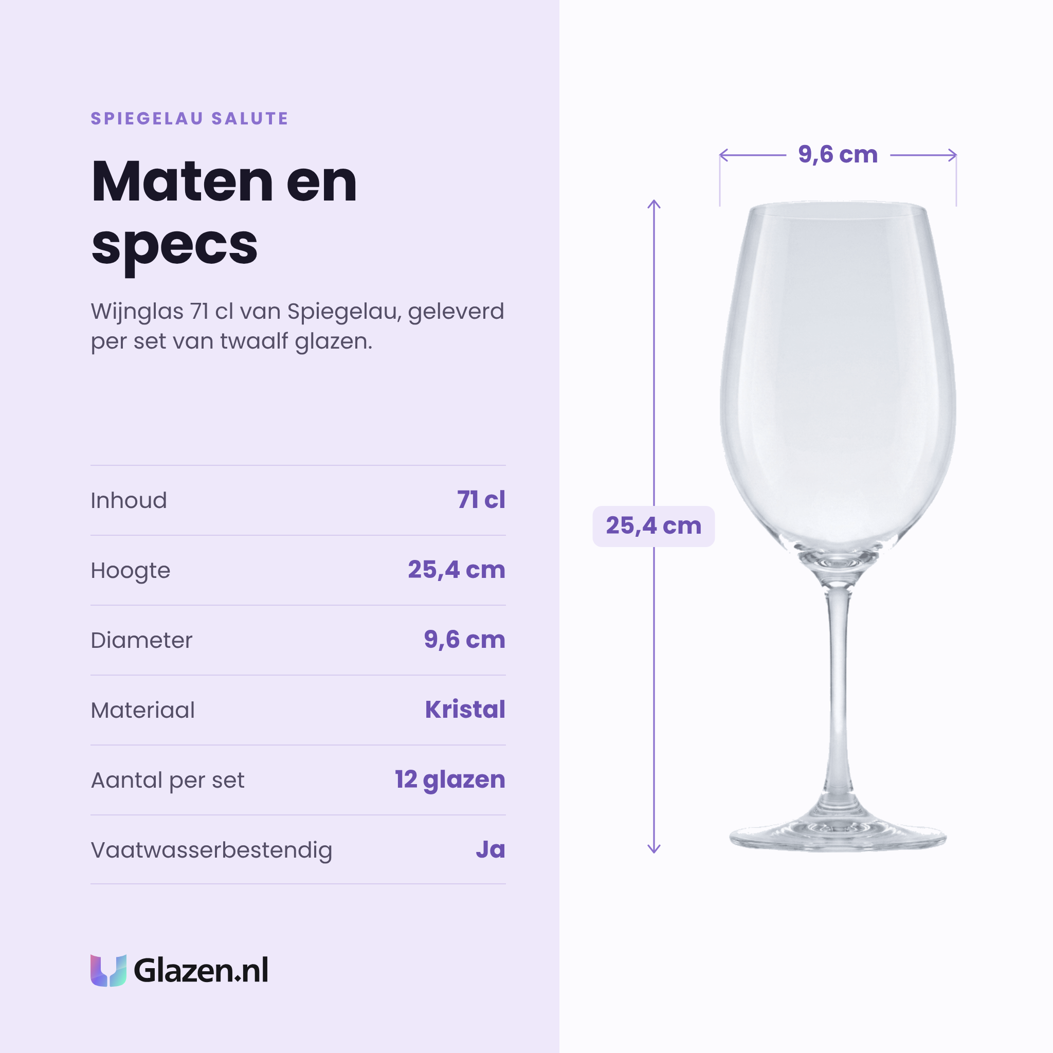 Spiegelau Salute wijnglas 71 cl specificaties: inhoud 71 cl, hoogte 25,4 cm, diameter 9,6 cm, kristal, set van 12