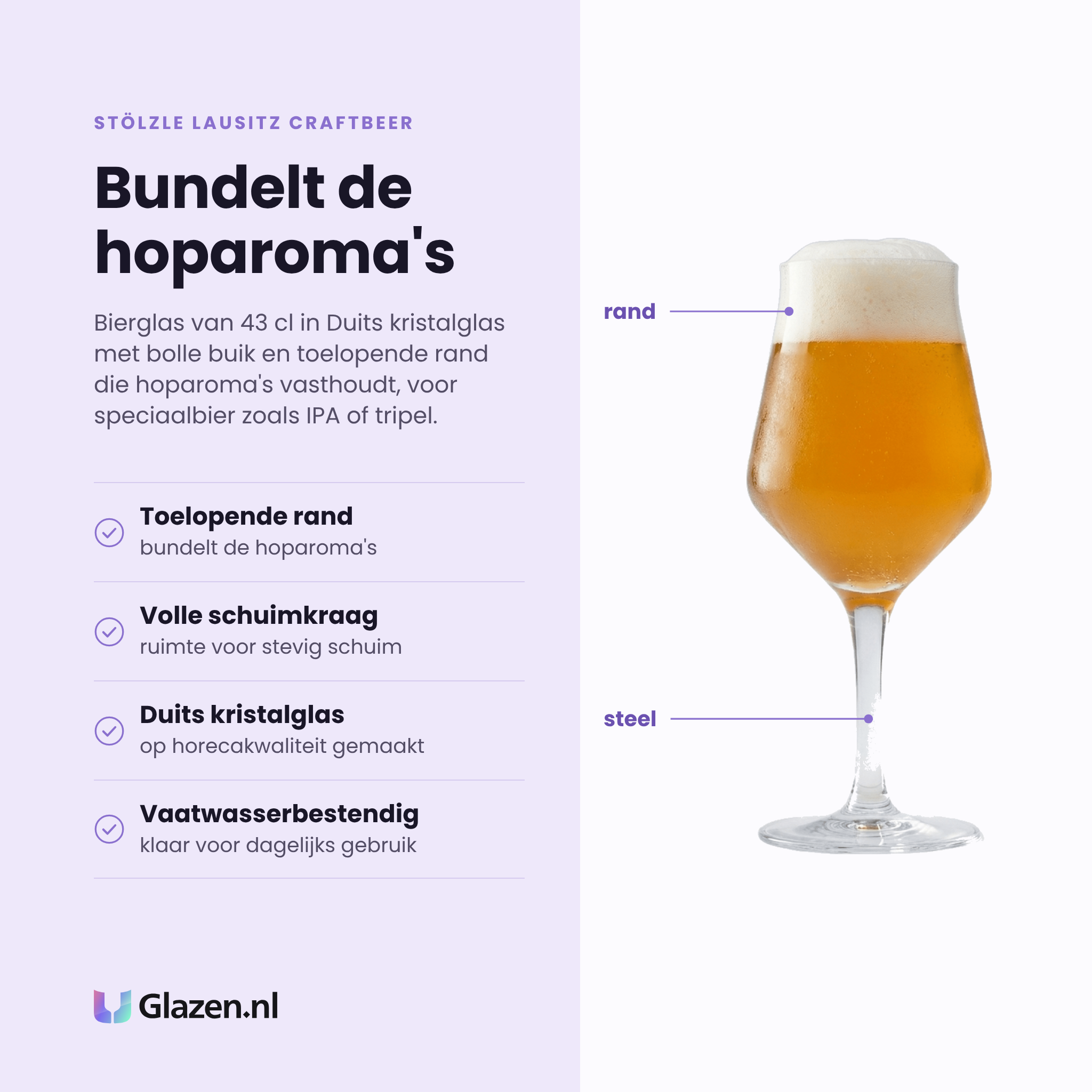 Stölzle Lausitz Craftbeer bierglas 43 cl eigenschappen: duits kristalglas, toelopende rand bundelt hoparoma's, ruimte voor schuimkraag, vaatwasserbestendig