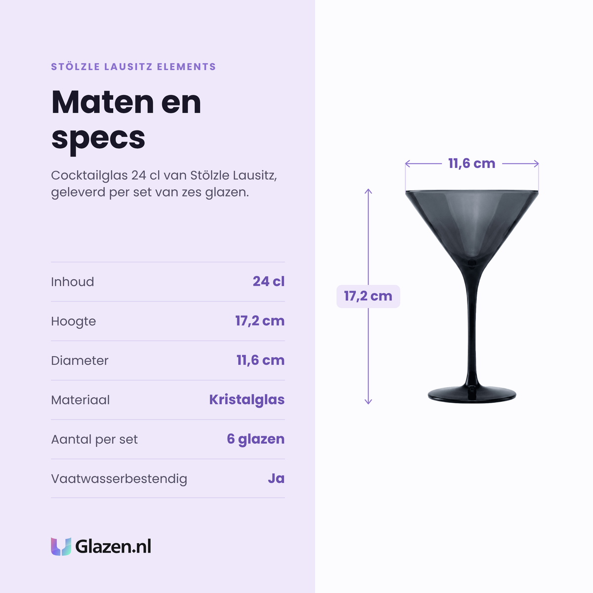 Stölzle Lausitz Elements cocktailglas 24 cl specificaties: inhoud 24 cl, hoogte 17,2 cm, diameter 11,6 cm, kristalglas, set van 6