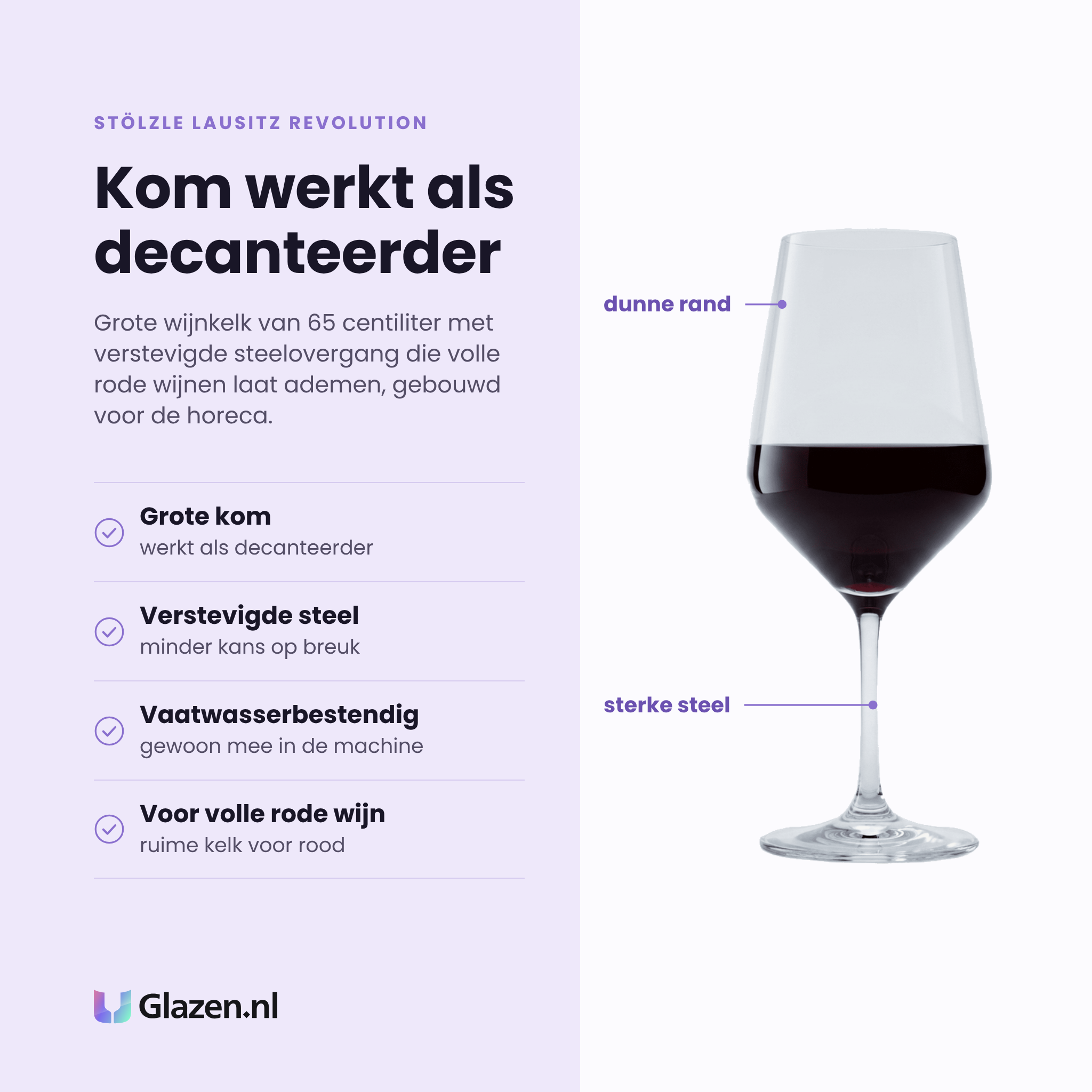 Stölzle Lausitz Revolution wijnglas 65 cl eigenschappen: grote kom als decanteerder, verstevigde steel, vaatwasserbestendig, voor volle rode wijn