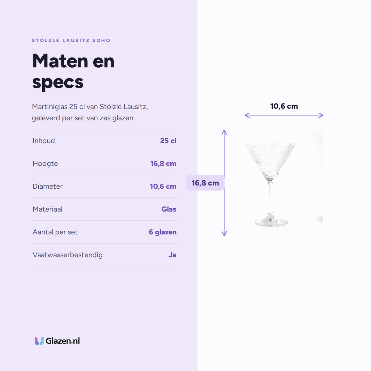 Stölzle Lausitz Soho Martiniglas 25 Cl specificaties: inhoud 25 cl, hoogte 16,8 cm, diameter 10,6 cm, materiaal Glas, aantal per set 6 glazen, vaatwasserbestendig Ja