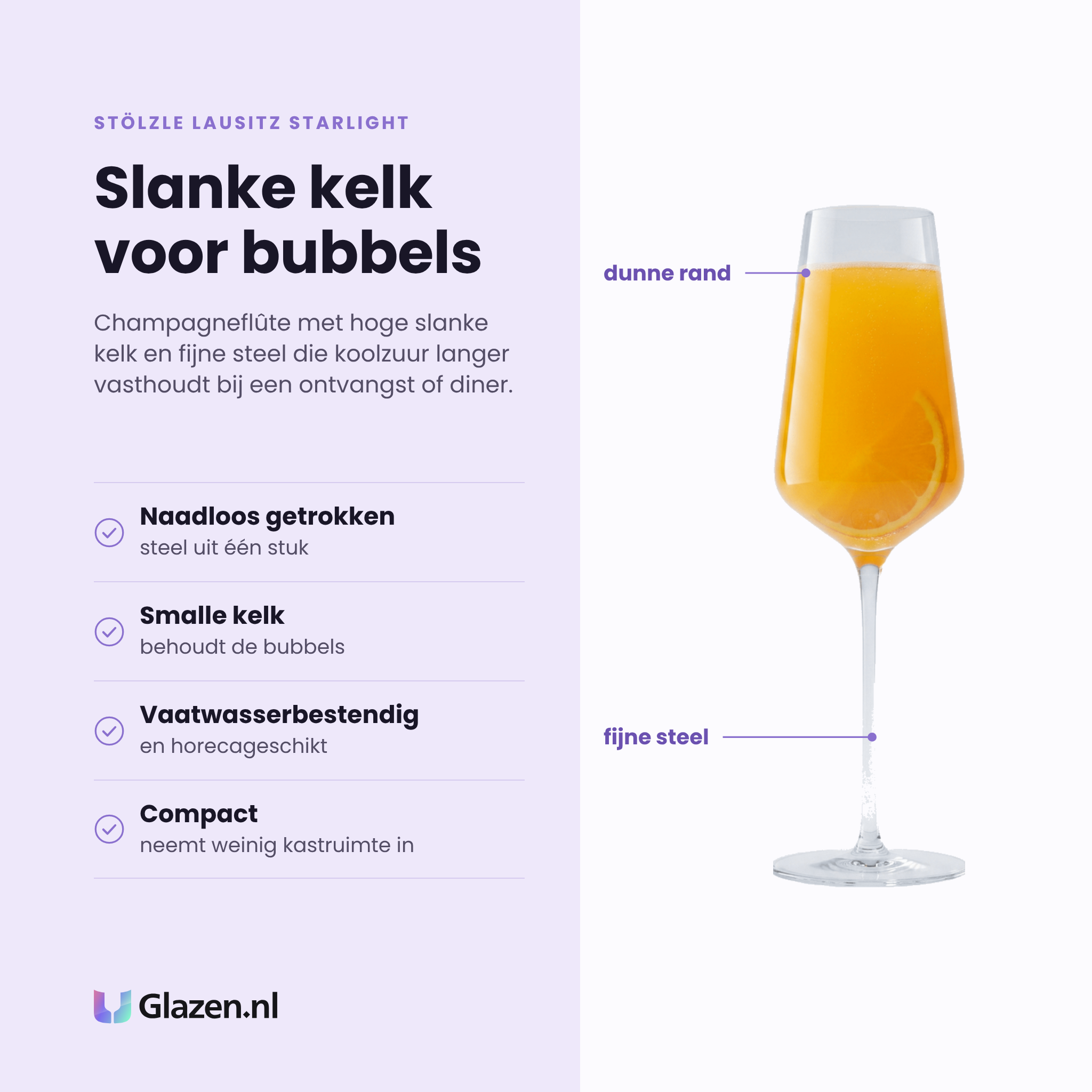 Stölzle Lausitz Starlight champagneflute 29 cl eigenschappen: naadloos getrokken steel, smalle kelk, vaatwasserbestendig en horecageschikt, compact