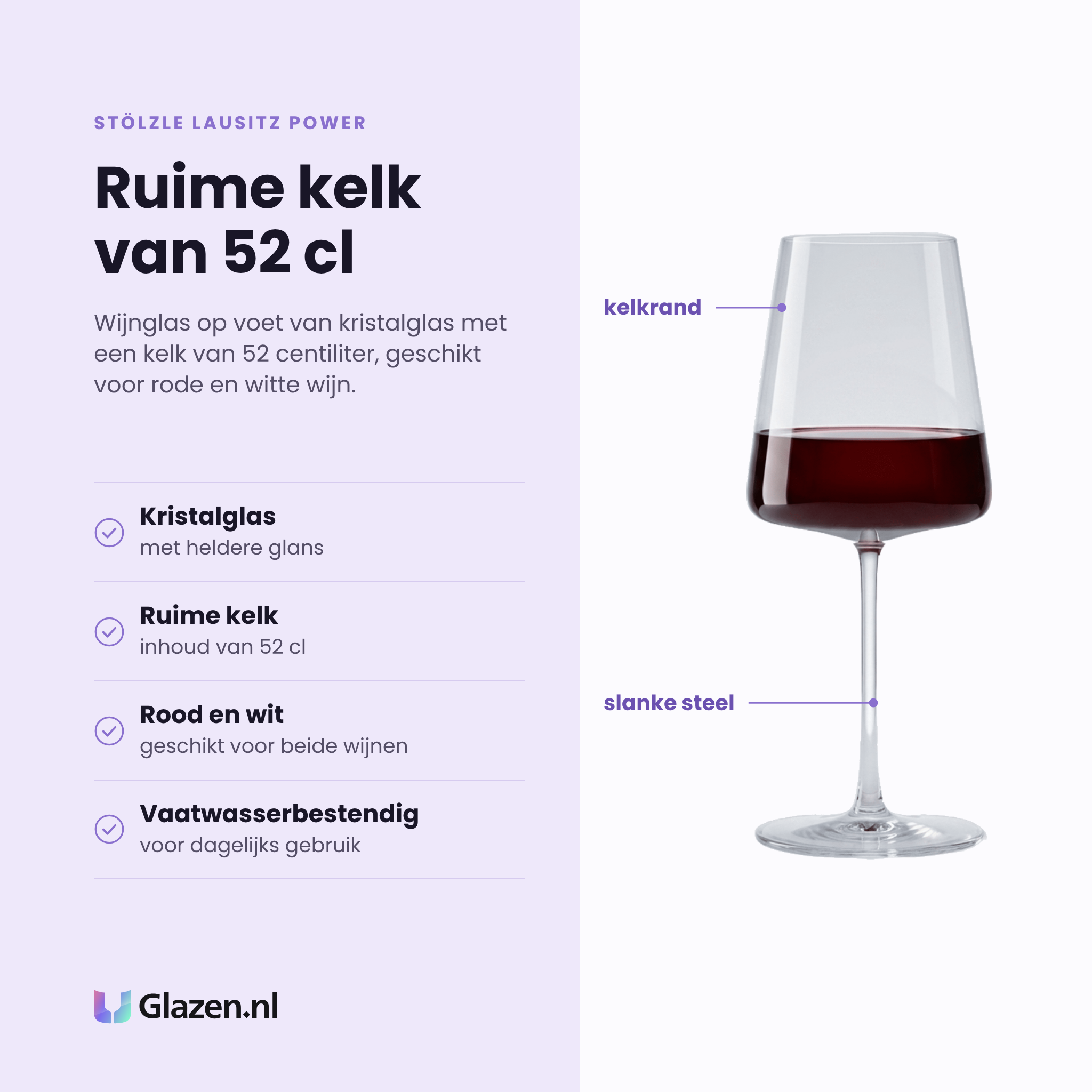 Stölzle Lausitz Power wijnglas 52 cl eigenschappen: kristalglas met heldere glans, ruime kelk van 52 cl, geschikt voor rood en wit, vaatwasserbestendig