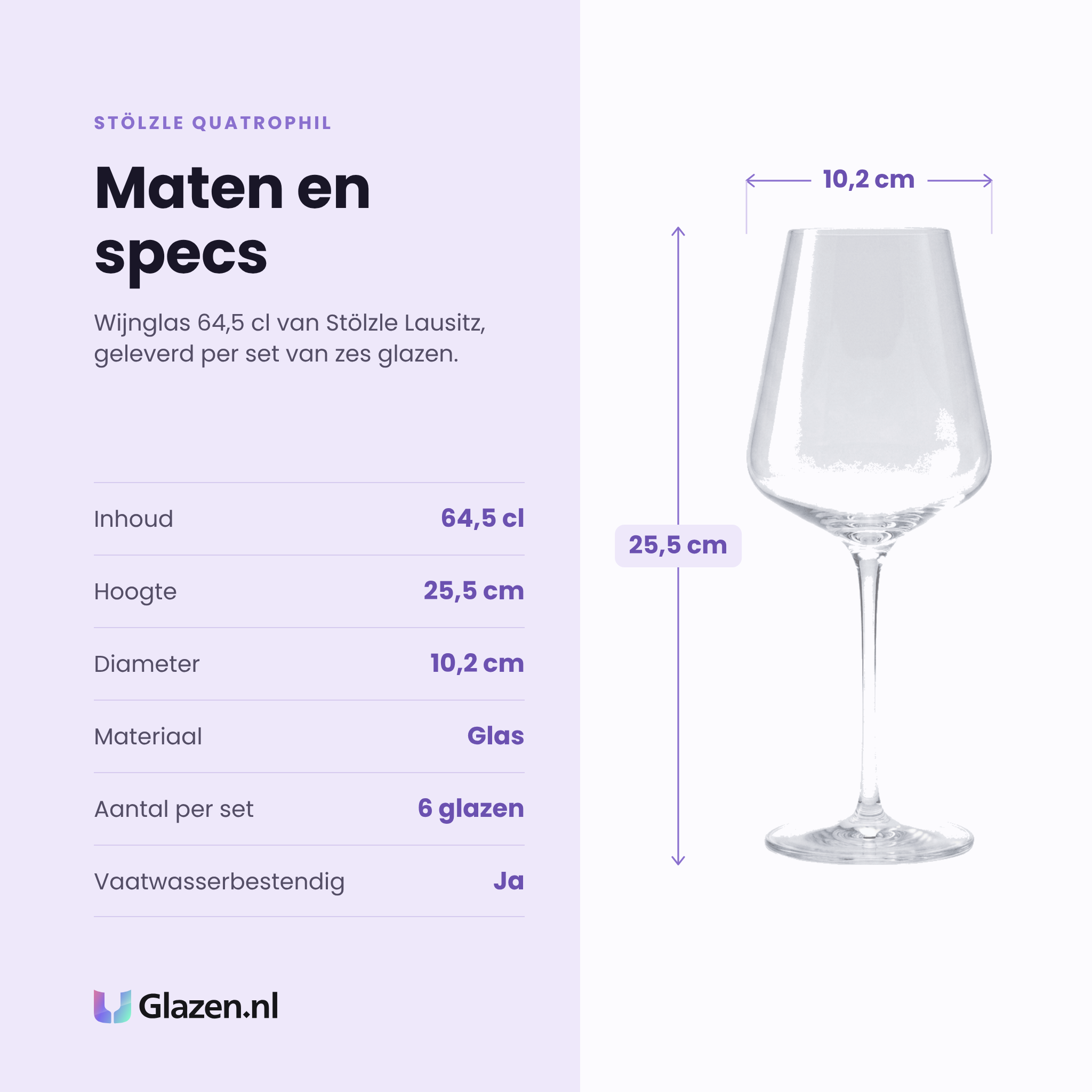 Stölzle Lausitz Quatrophil wijnglas 64,5 cl specificaties: inhoud 64,5 cl, hoogte 25,5 cm, diameter 10,2 cm, glas, set van 6