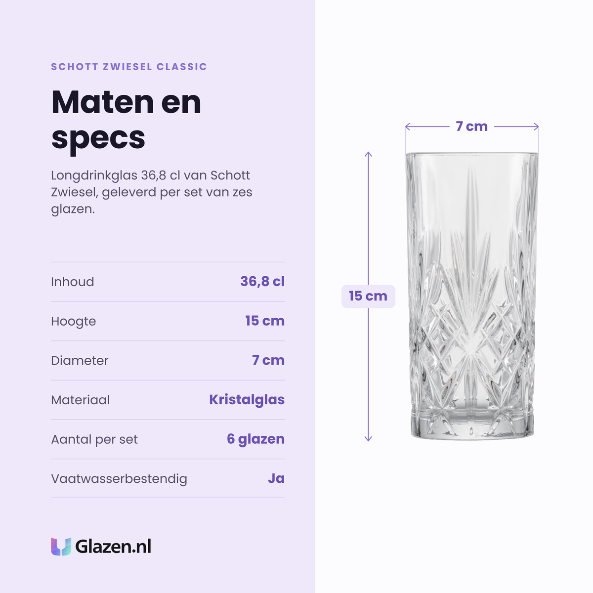 Schott Zwiesel Classic longdrinkglas 36,8 cl specificaties: inhoud 36,8 cl, hoogte 15 cm, diameter 7 cm, kristalglas, set van 6
