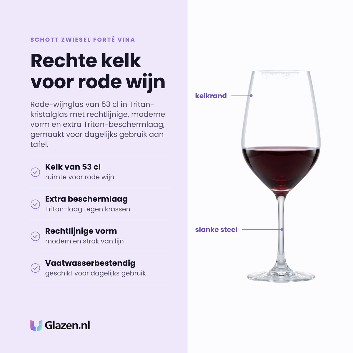 Schott Zwiesel Forté Vina rode wijnglas 53 cl eigenschappen: kelk van 53 cl, extra tritan-beschermlaag, rechtlijnige vorm, vaatwasserbestendig