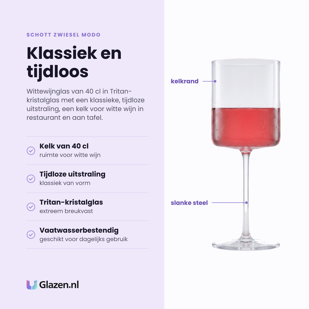 Schott Zwiesel Modo witte wijnglas 40 cl eigenschappen: kelk van 40 cl, tijdloze uitstraling, tritan-kristalglas, vaatwasserbestendig