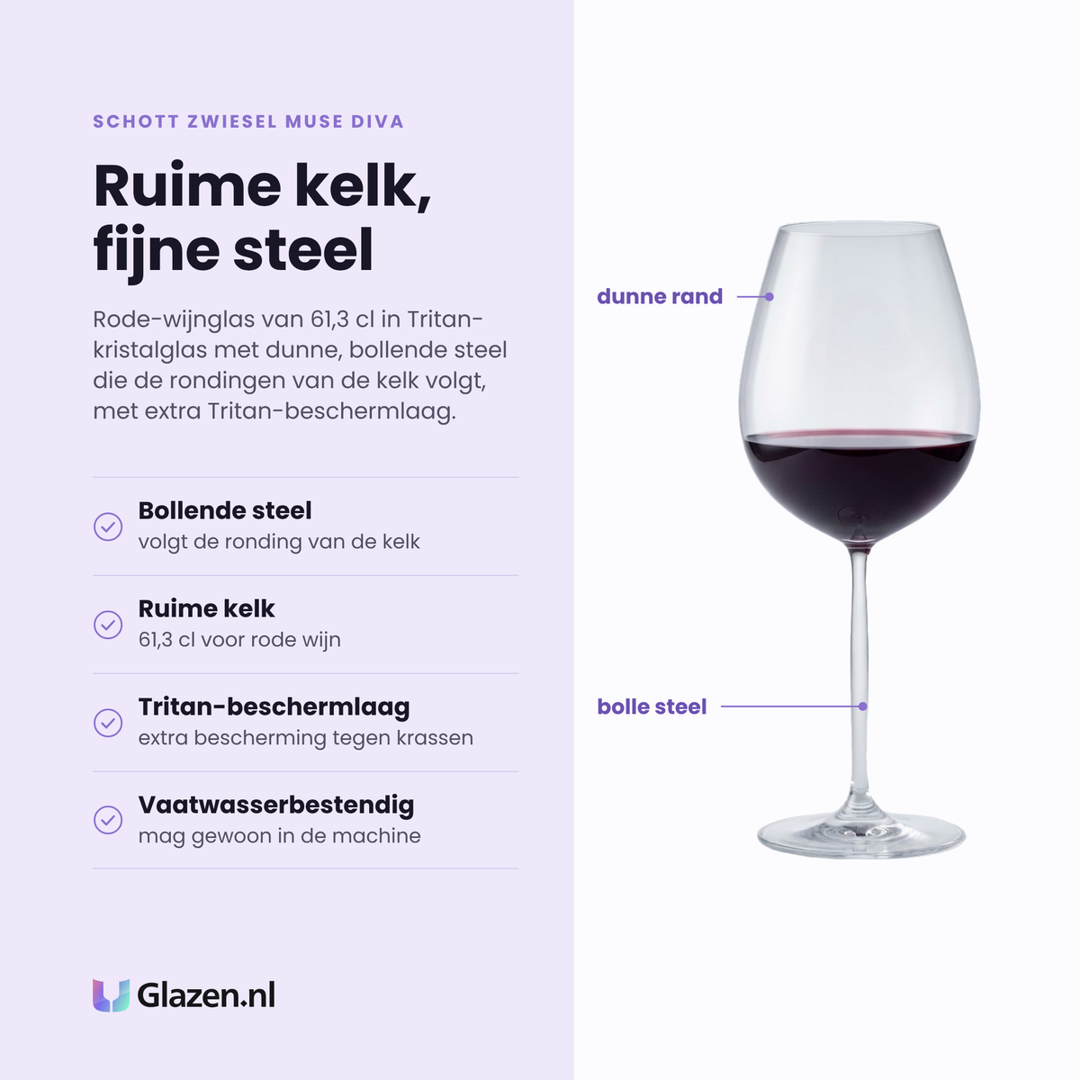 Schott Zwiesel Muse Diva rode wijnglas 61,3 cl eigenschappen: bollende steel, ruime kelk, tritan-beschermlaag tegen krassen, vaatwasserbestendig