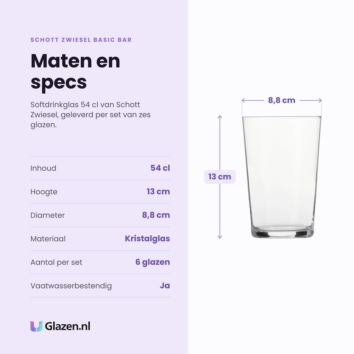 Schott Zwiesel Basic Bar softdrinkglas 54 cl specificaties: inhoud 54 cl, hoogte 13 cm, diameter 8,8 cm, kristalglas, set van 6
